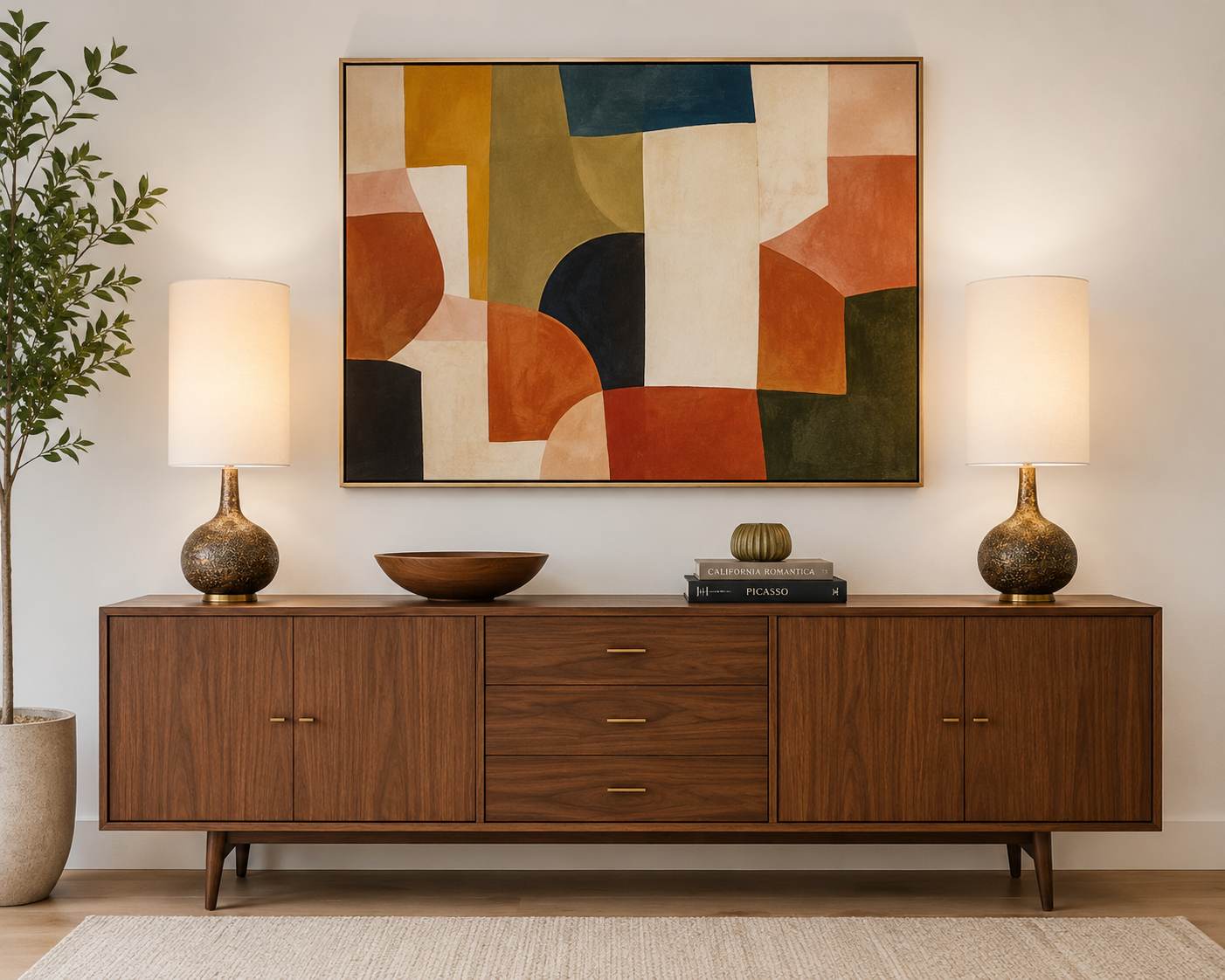 Mid-Century Modern walnut credenza with two gold table lamps, colorful abstract artwork, decorative accessories, and brass hardware. AI-generated image styled by Joshua Jones of JJones Design Co.