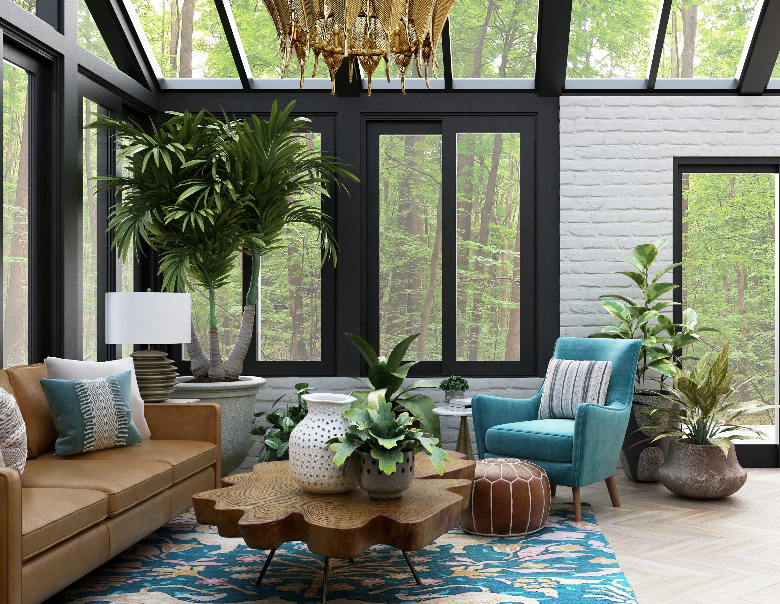 Eclectic sunroom seating area with leather sofa, teal accent chair, carved wood coffee table, patterned rug, and layered plants, designed by virtual interior designer Joshua Jones of JJones Design Co.