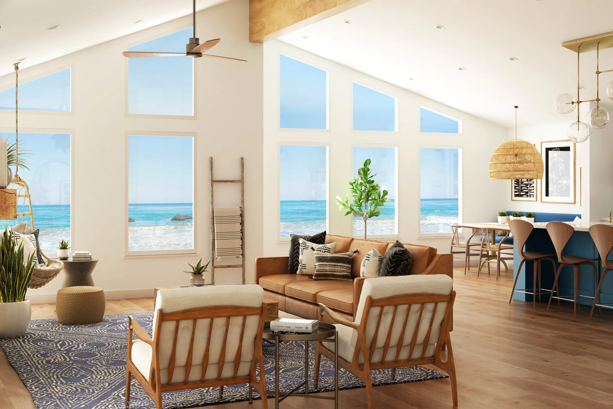California Casual style living room with a blanket ladder, leather sofa, wood accent chairs, blue patterned area rug, floor-to-ceiling windows, and ocean views.
