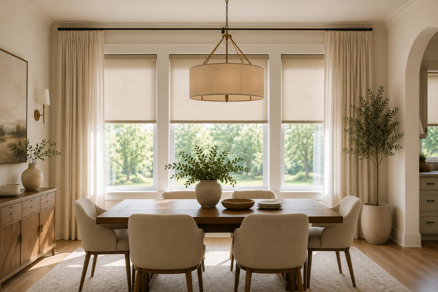 AI-generated modern dining room with a wood dining table, upholstered chairs, roller shades, and floor-to-ceiling drapery panels, illustrating a layered window treatment design that combines functionality, privacy, and visual warmth.