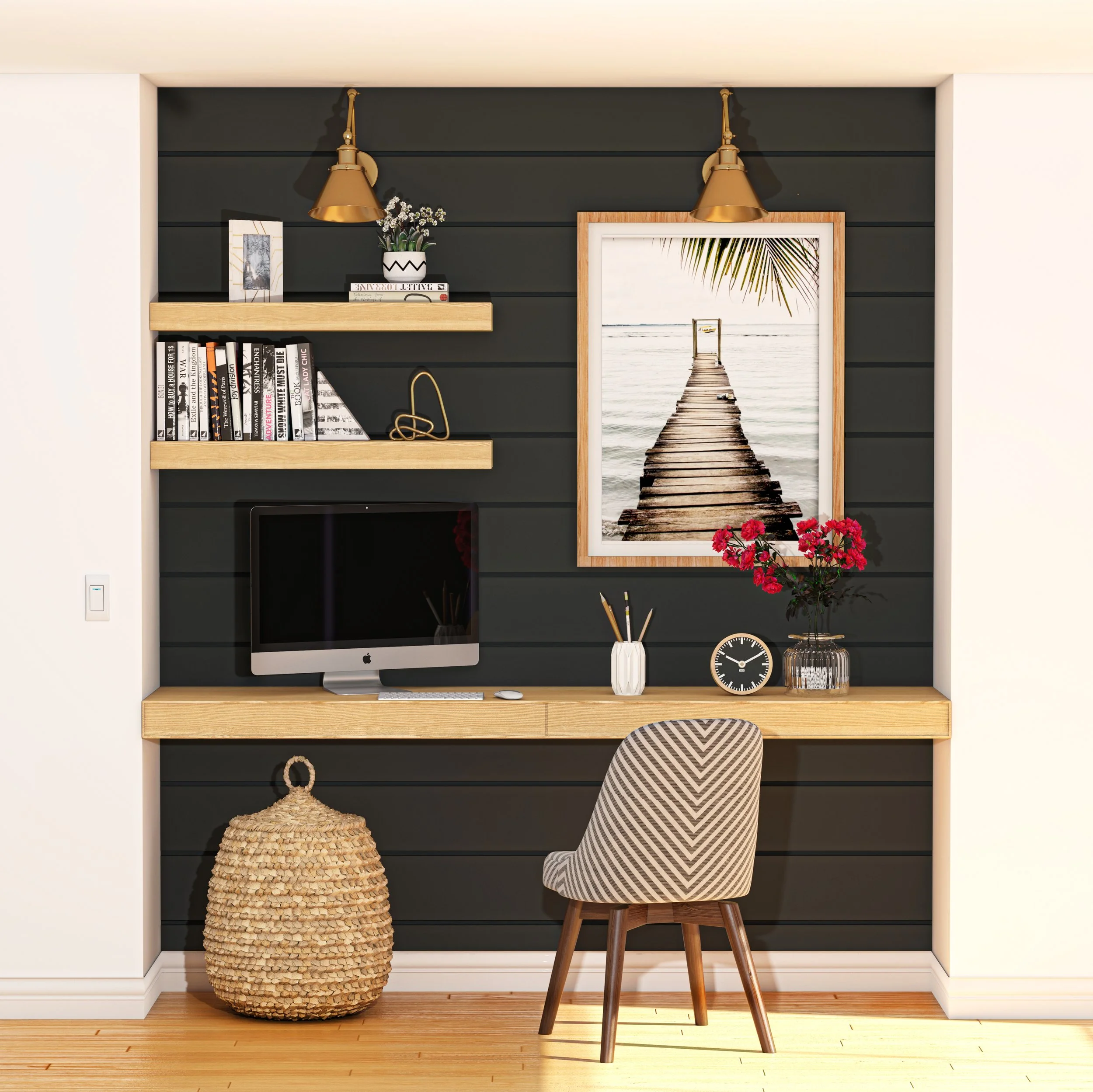 California casual workspace with built-in desk in niche wall, floating wood shelves, wall-mounted lighting, framed artwork, and styled decor creating a functional and personalized home office area