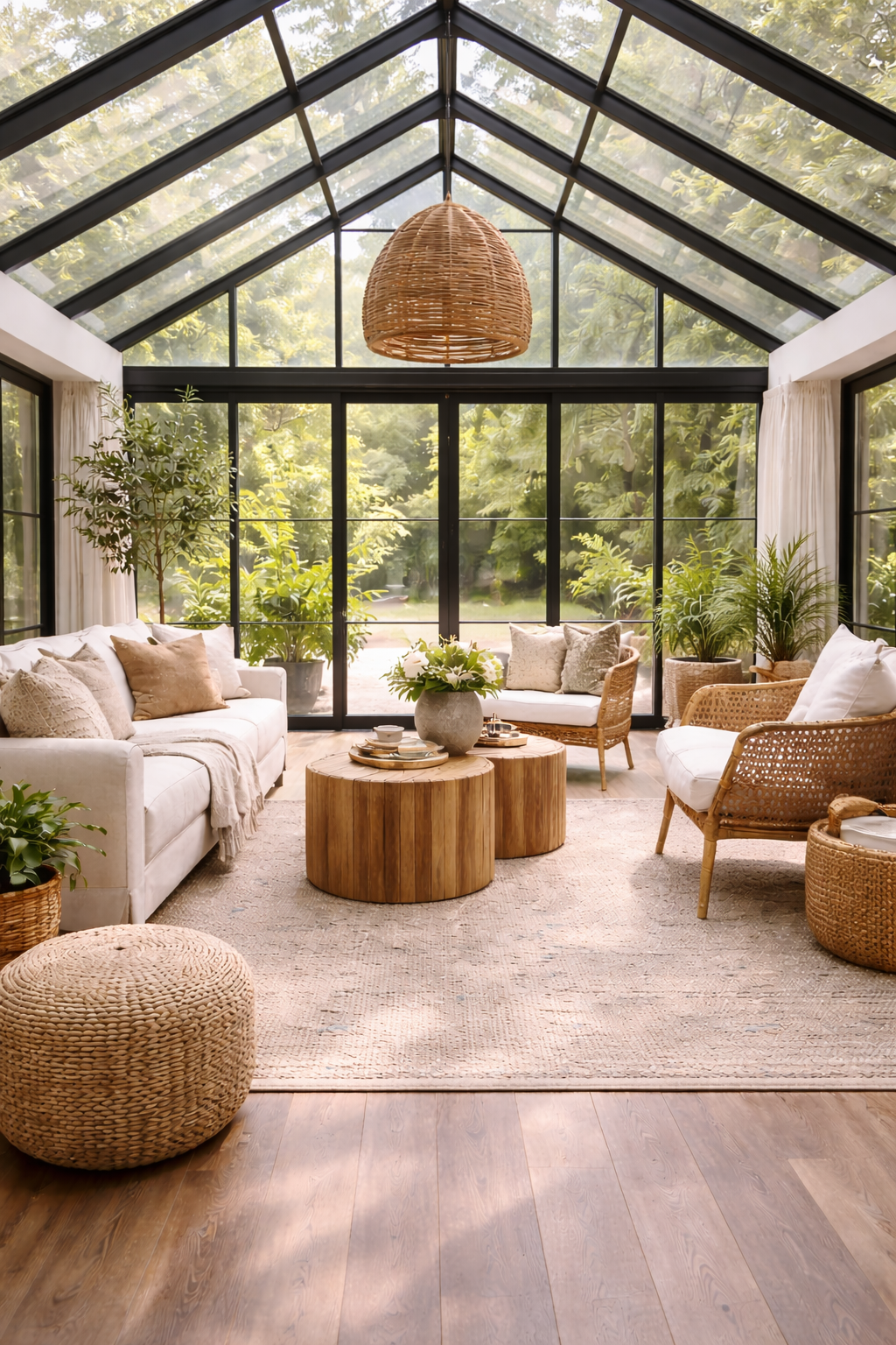 Modern boho sunroom with large windows, glass ceiling panels, neutral seating, rattan furniture, indoor plants, and natural light-filled space