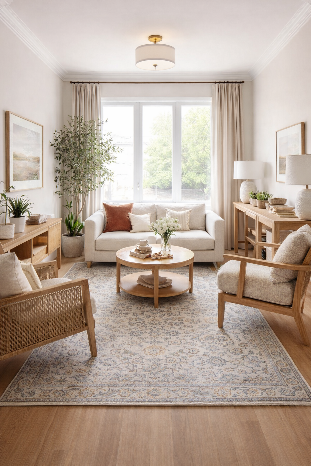 AI-generated image of a small living room with a neutral sofa, patterned area rug, ceiling light fixture, and balanced furniture layout designed to make the space feel larger and more open.
