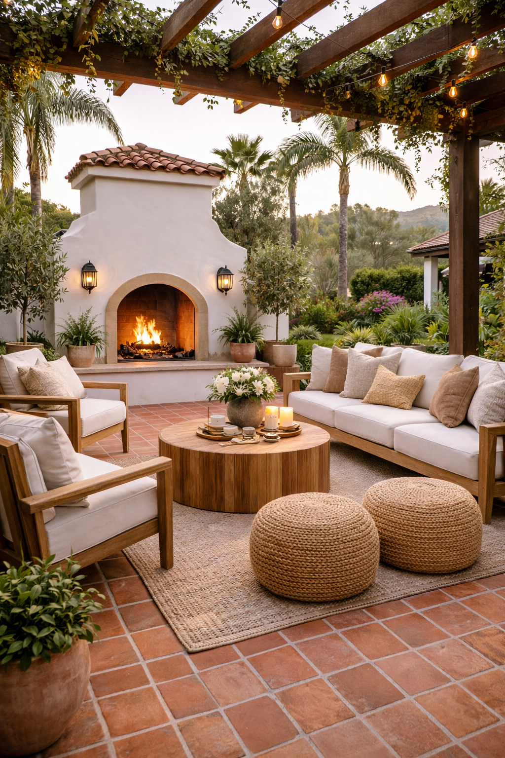 Spanish-style outdoor living space with a stucco fireplace, terracotta tile flooring, wood pergola, neutral seating, and landscaped garden setting