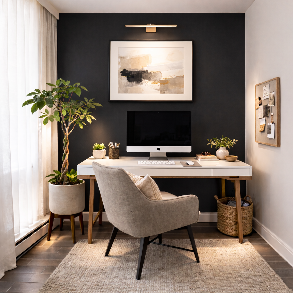 AI-generated small modern organic home office with black accent wall, white side walls, wood and white desk, neutral upholstered chair, large abstract artwork with picture light, indoor plants, and woven rug.