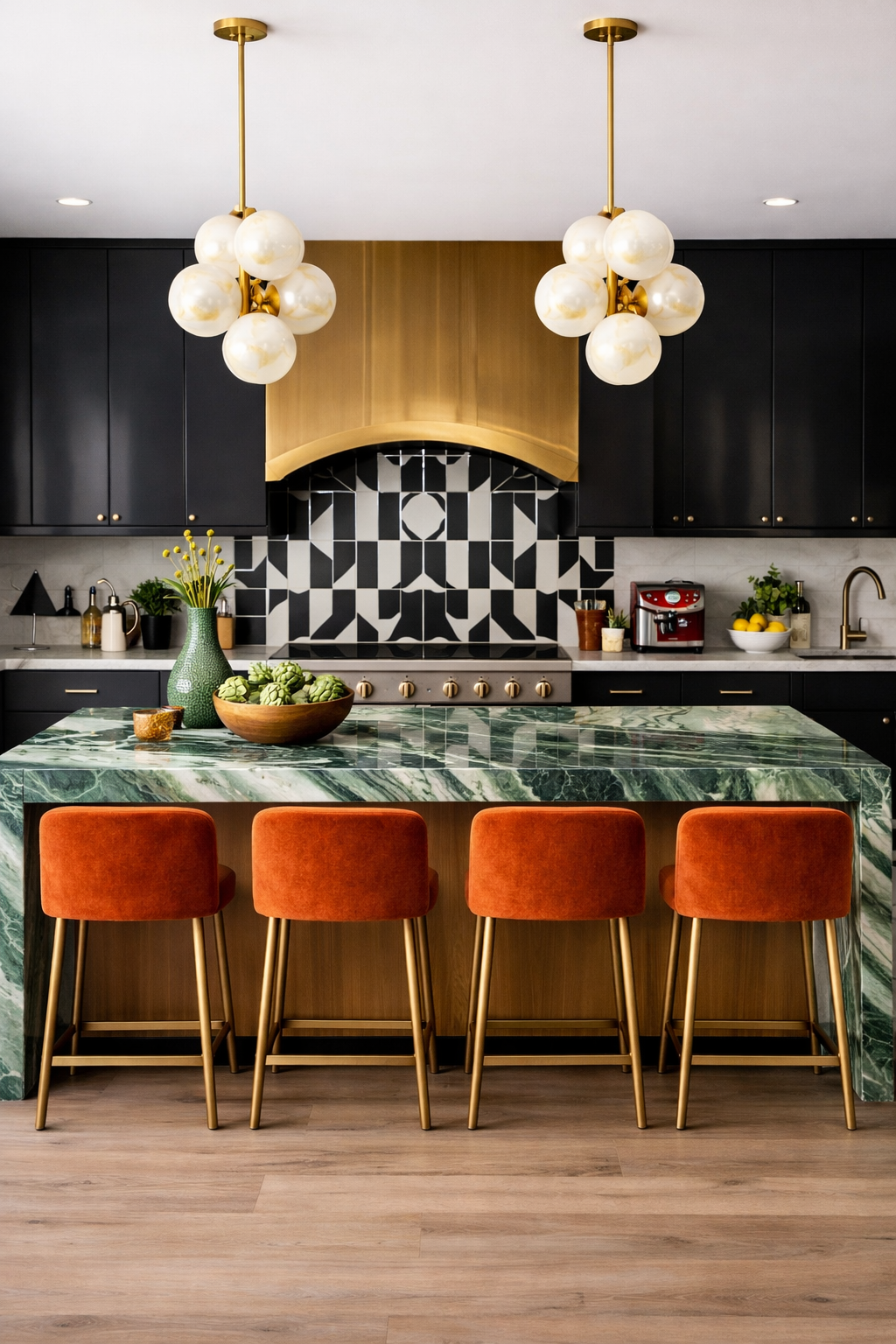 AI-generated modern eclectic kitchen with green marble waterfall island, black cabinets, brass pendant lighting, geometric backsplash, and velvet counter stools
