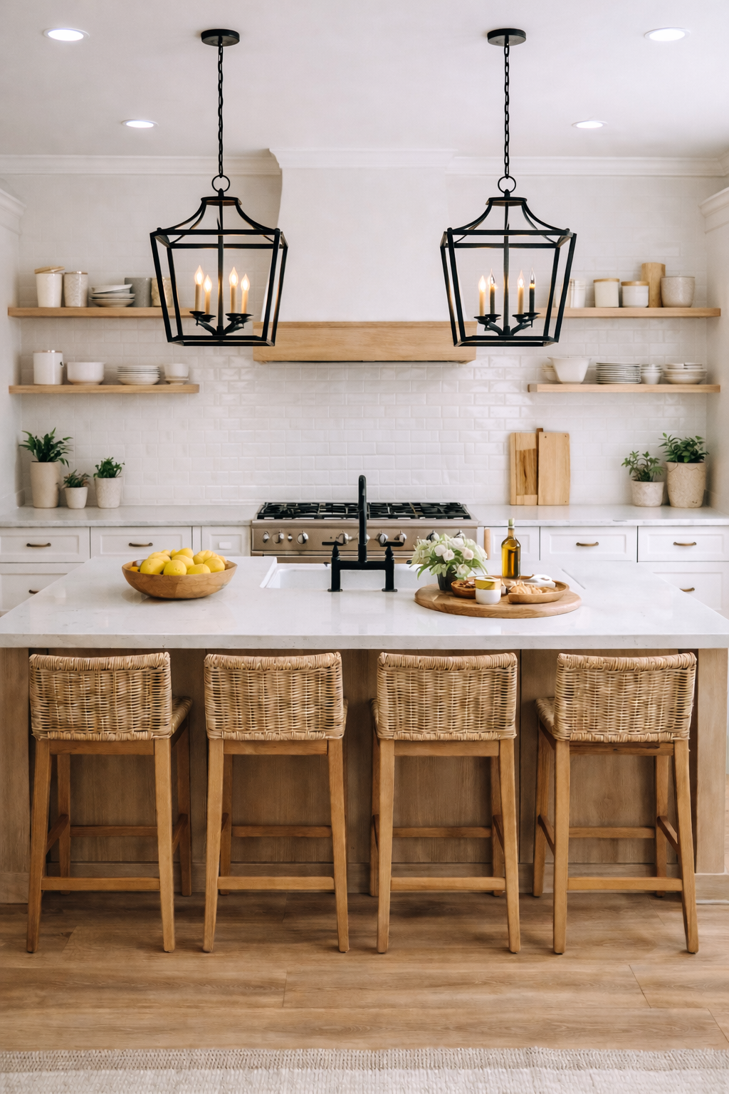 Modern farmhouse kitchen with a large island, apron-front sink, black wrought iron pendant lights, white shaker cabinets, and a range centered on the back wall