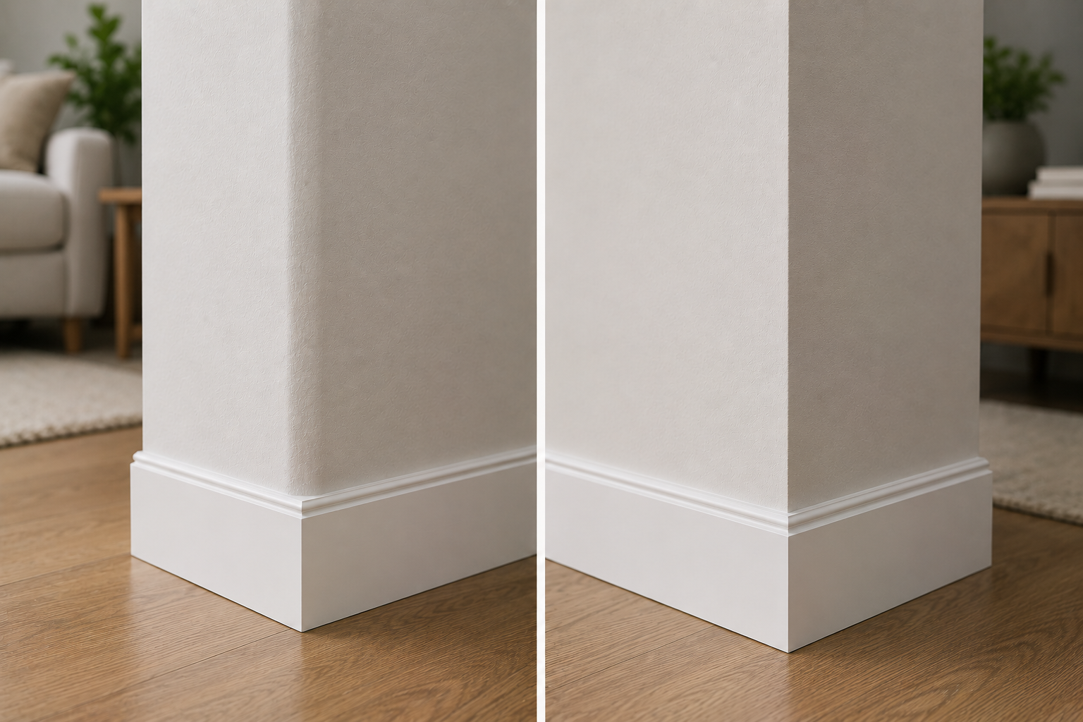 AI-generated split-screen close-up comparison of a rounded drywall corner and a square drywall corner with white baseboards and light wood flooring in a modern interior.