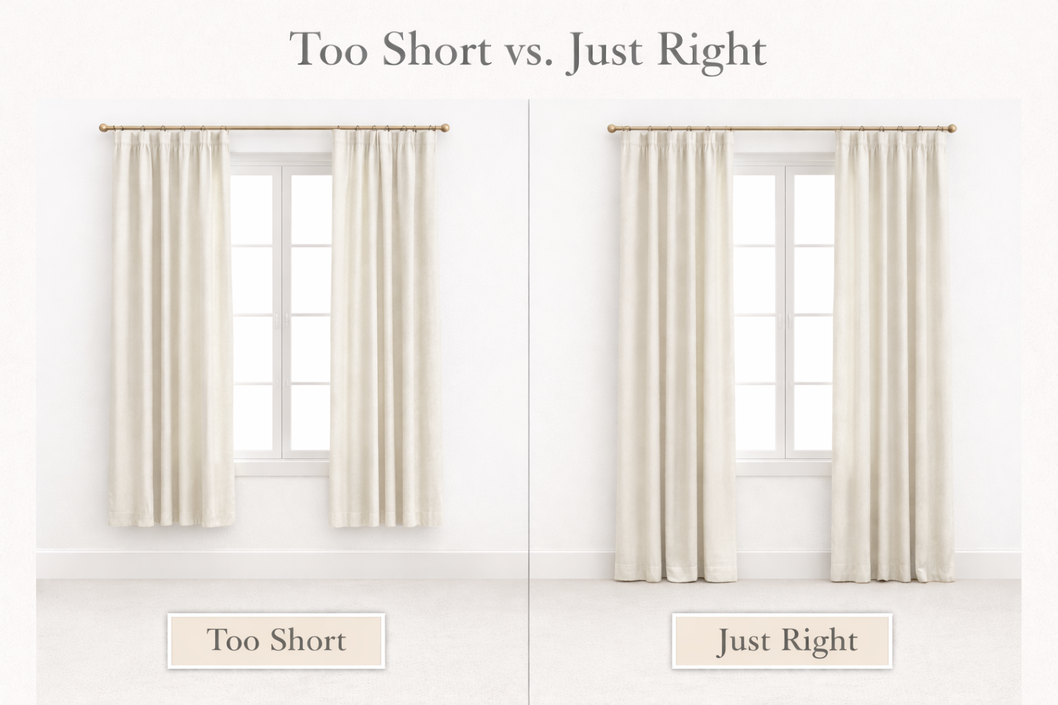 AI-generated side-by-side graphic comparing curtain panel lengths, showing one set stopping several inches above the floor labeled “Too Short” and another set gently touching the floor labeled “Just Right.”