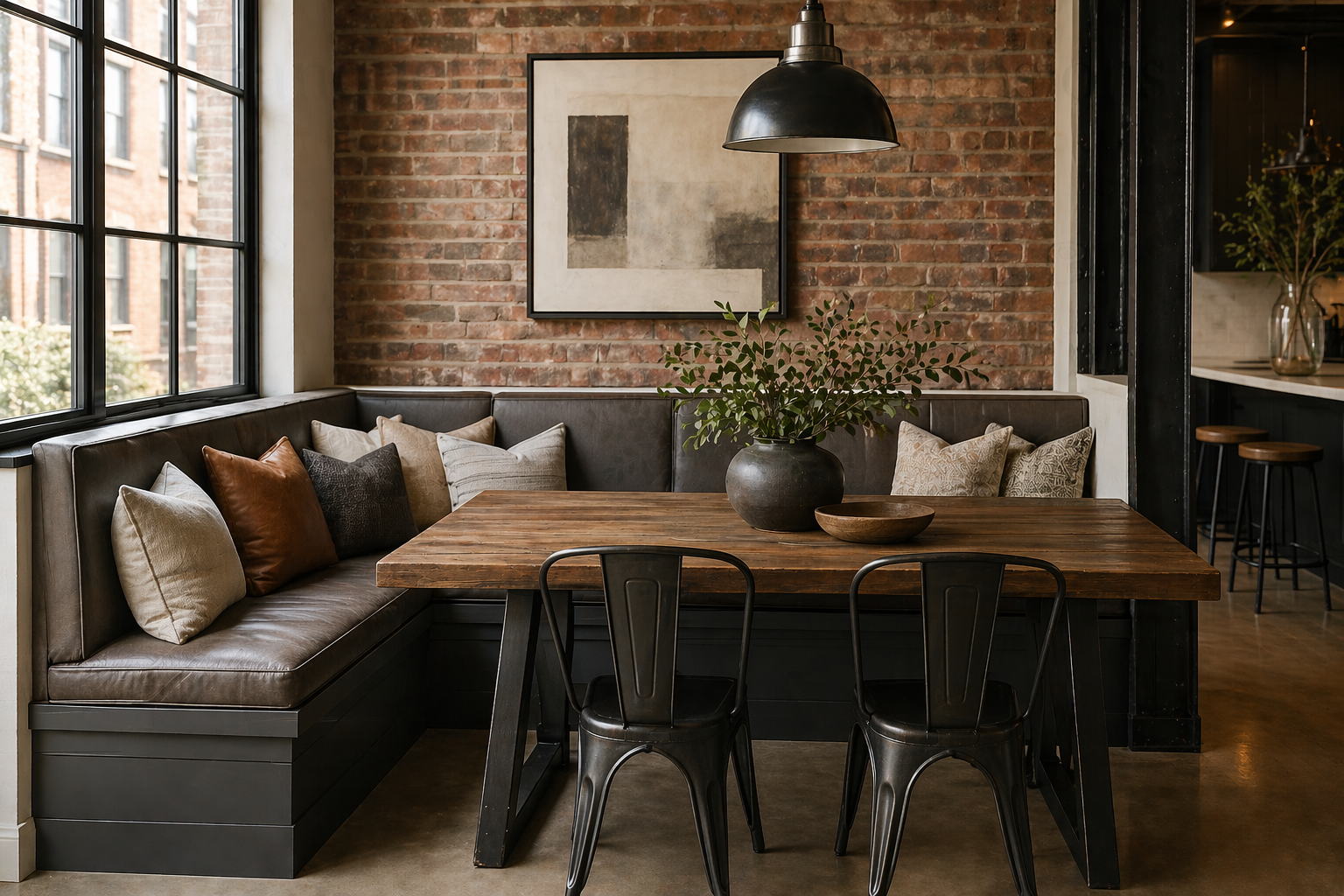 Industrial-style banquette seating with L-shaped leather bench, wood dining table, and metal chairs in a modern dining nook, AI-generated image