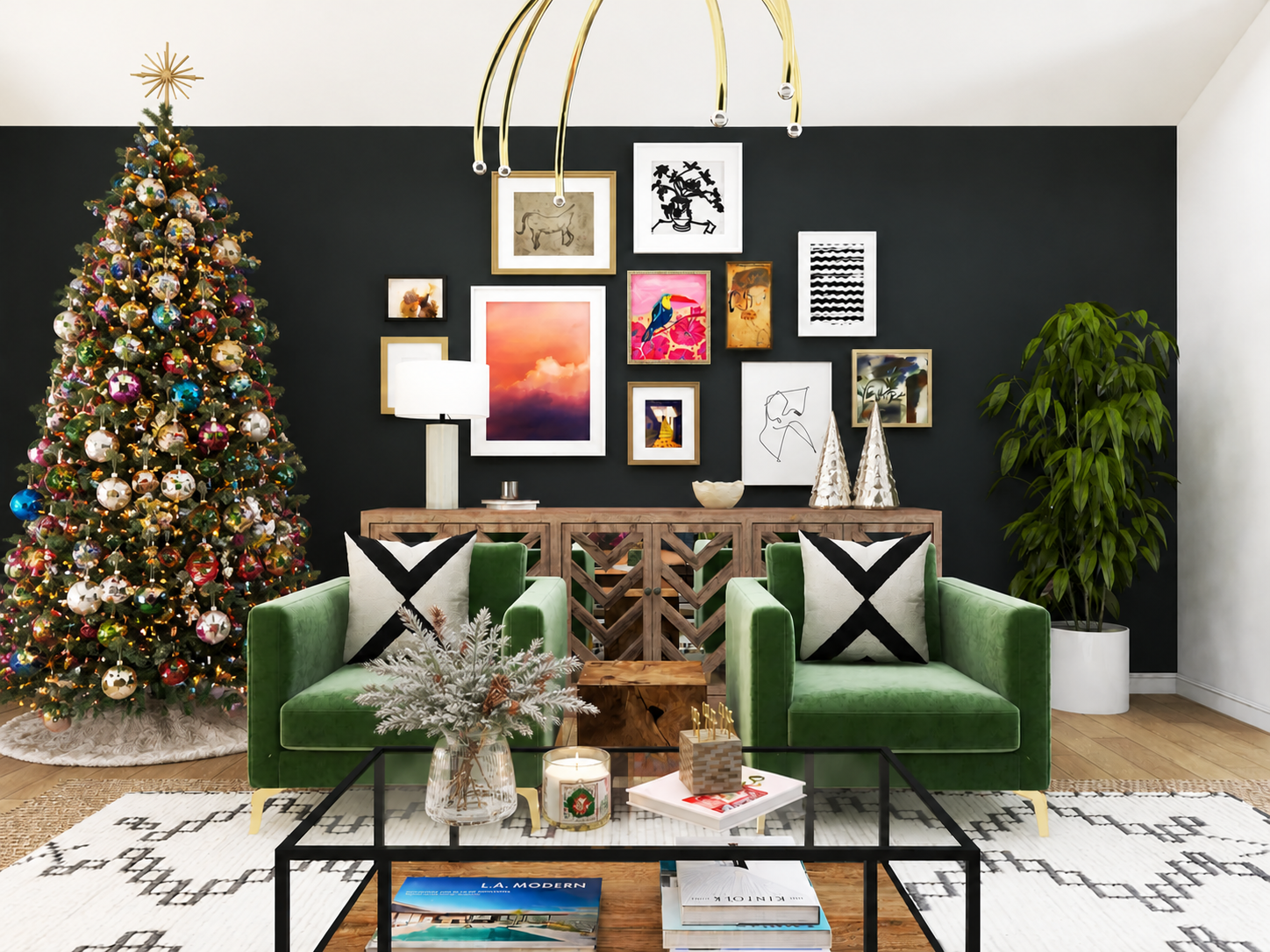 Modern eclectic living room with a Christmas tree featuring colorful ornaments and a starburst topper, mirrored glass trees on the sideboard, snowy branches, and a candle on the coffee table.