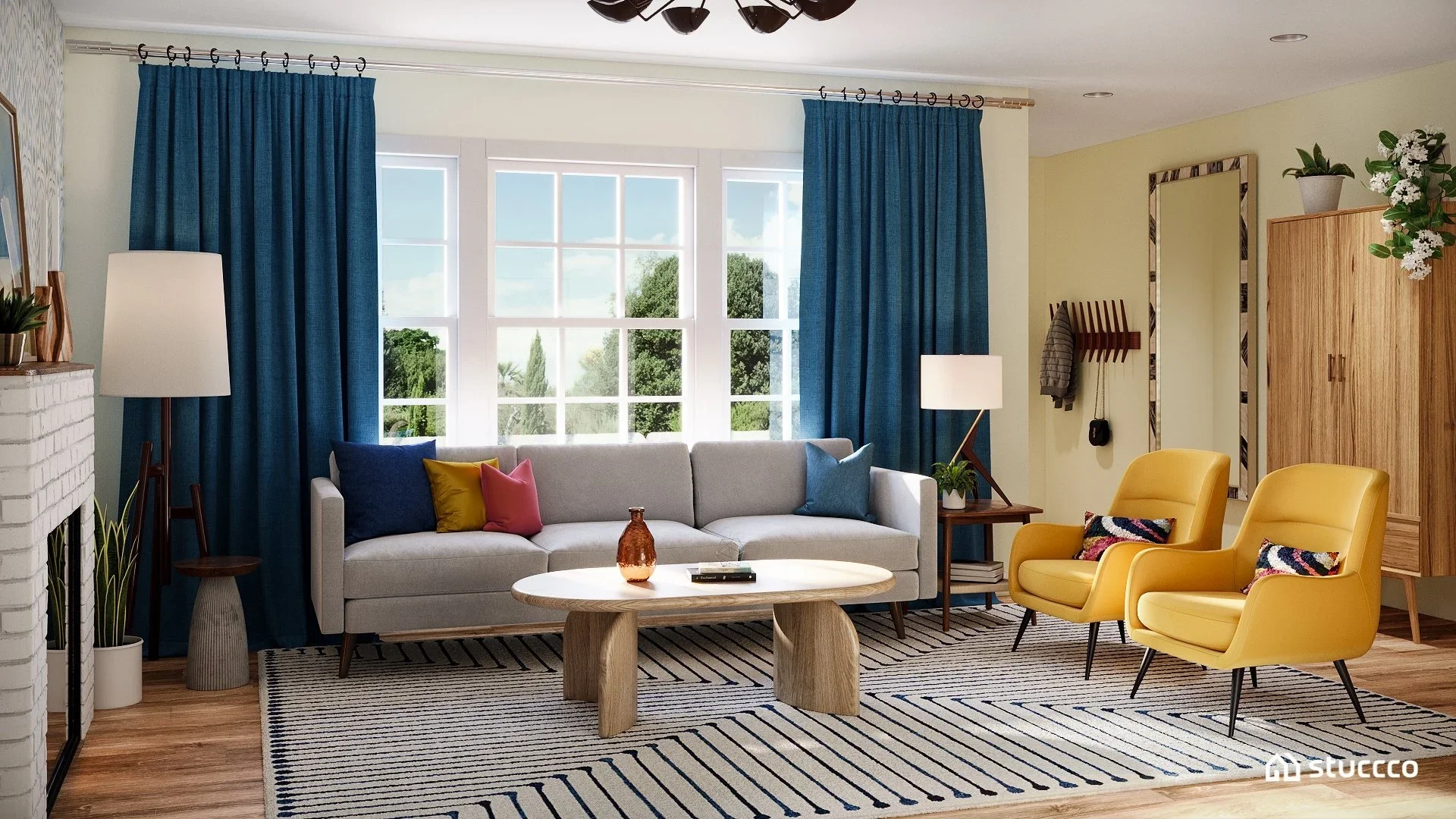 Mid-century modern living room with a gray sofa, colorful pillows, mustard yellow chairs, and blue curtains. Designed by Joshua Jones of JJones Design Co., 3D rendering by Stuccco.