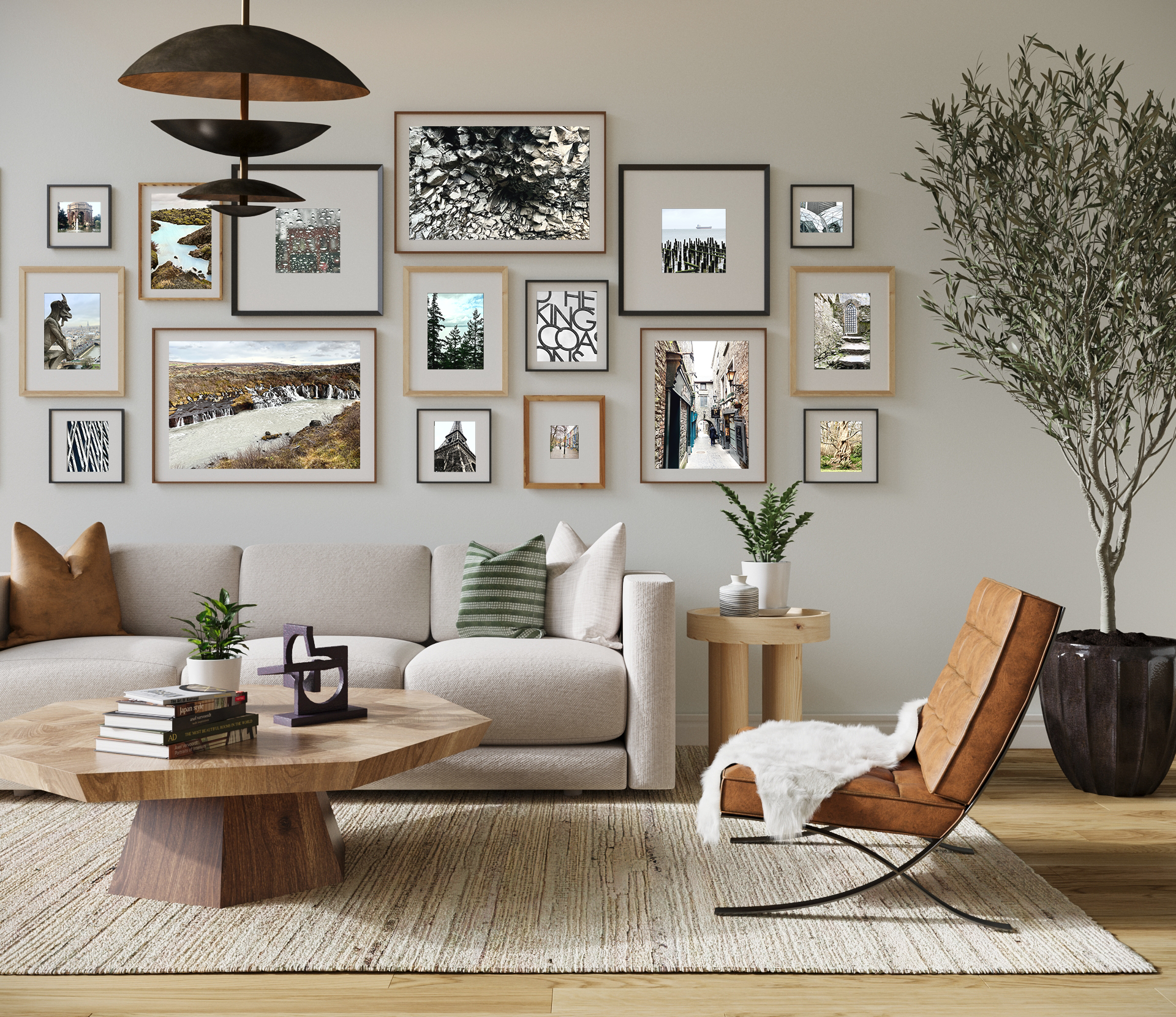 Gallery wall featuring art prints and photography from JJones Design Studio styled in a modern living room interior.