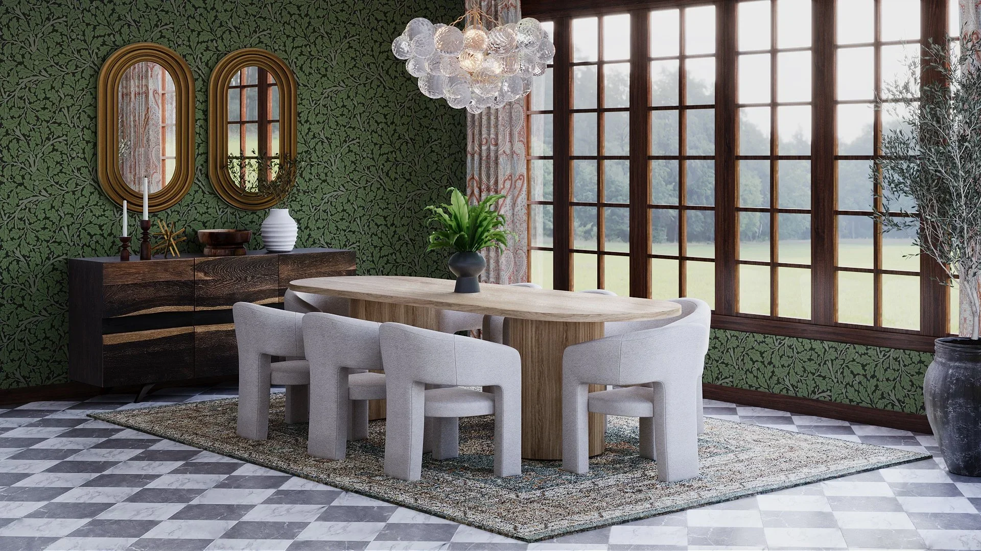 modern organic eclectic dining room with wood table, curved chairs, green wallpaper, and large windows designed by Joshua Jones