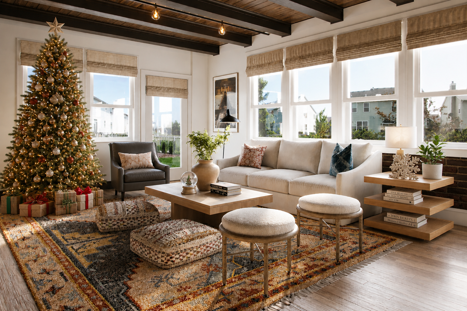California Casual living room with a decorated Christmas tree, wrapped gifts, a snow globe on the coffee table, and a sculptural snowflake accent on the side table.
