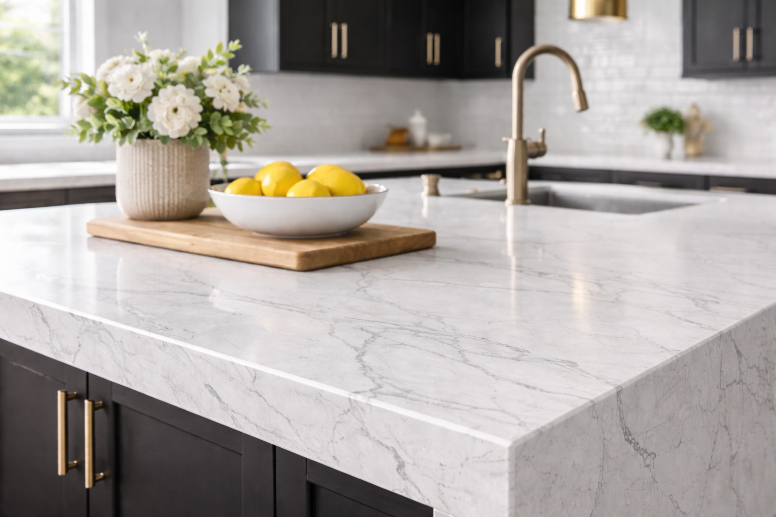 Modern black kitchen with a white marble-look quartz countertop, matte black cabinetry, brass hardware, and a waterfall edge island. AI-generated image.