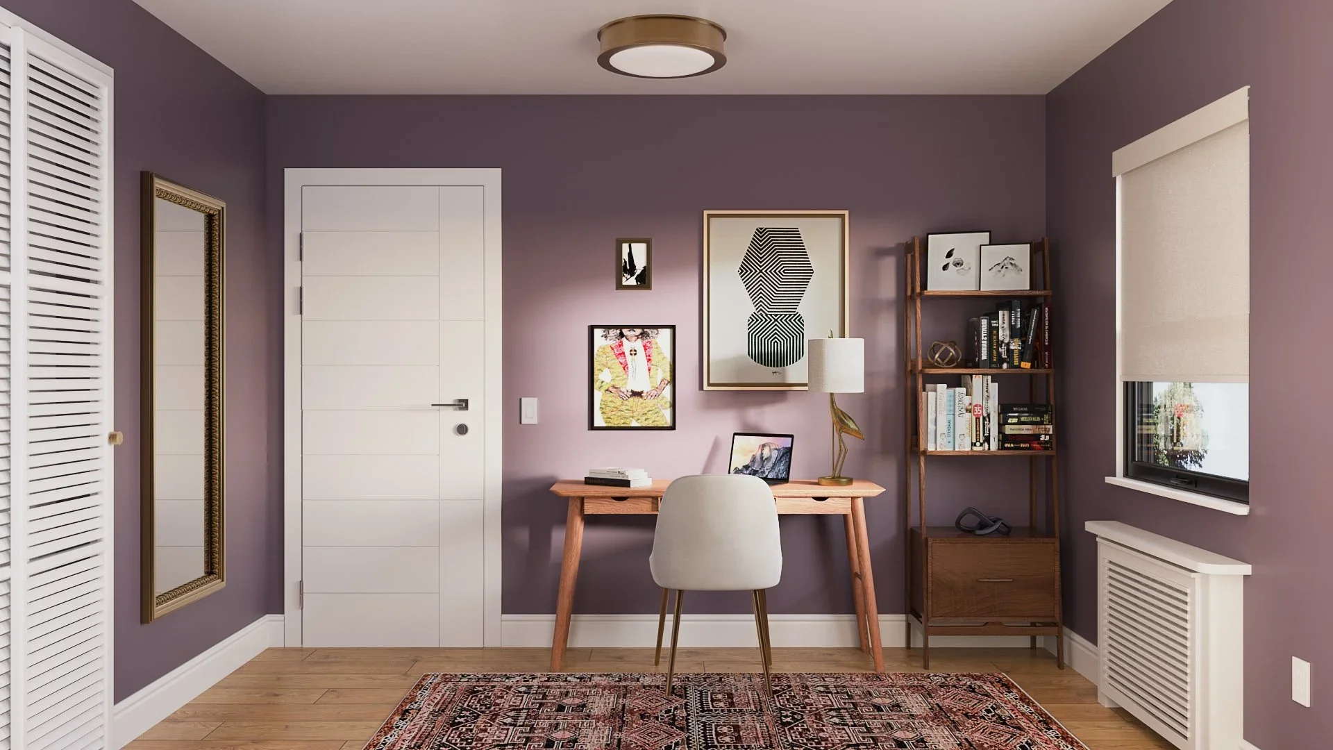 Mid-century modern home office with a wood desk, neutral chair, purple accent walls, wall art, shelving, and a patterned rug, designed by virtual interior designer Joshua Jones.