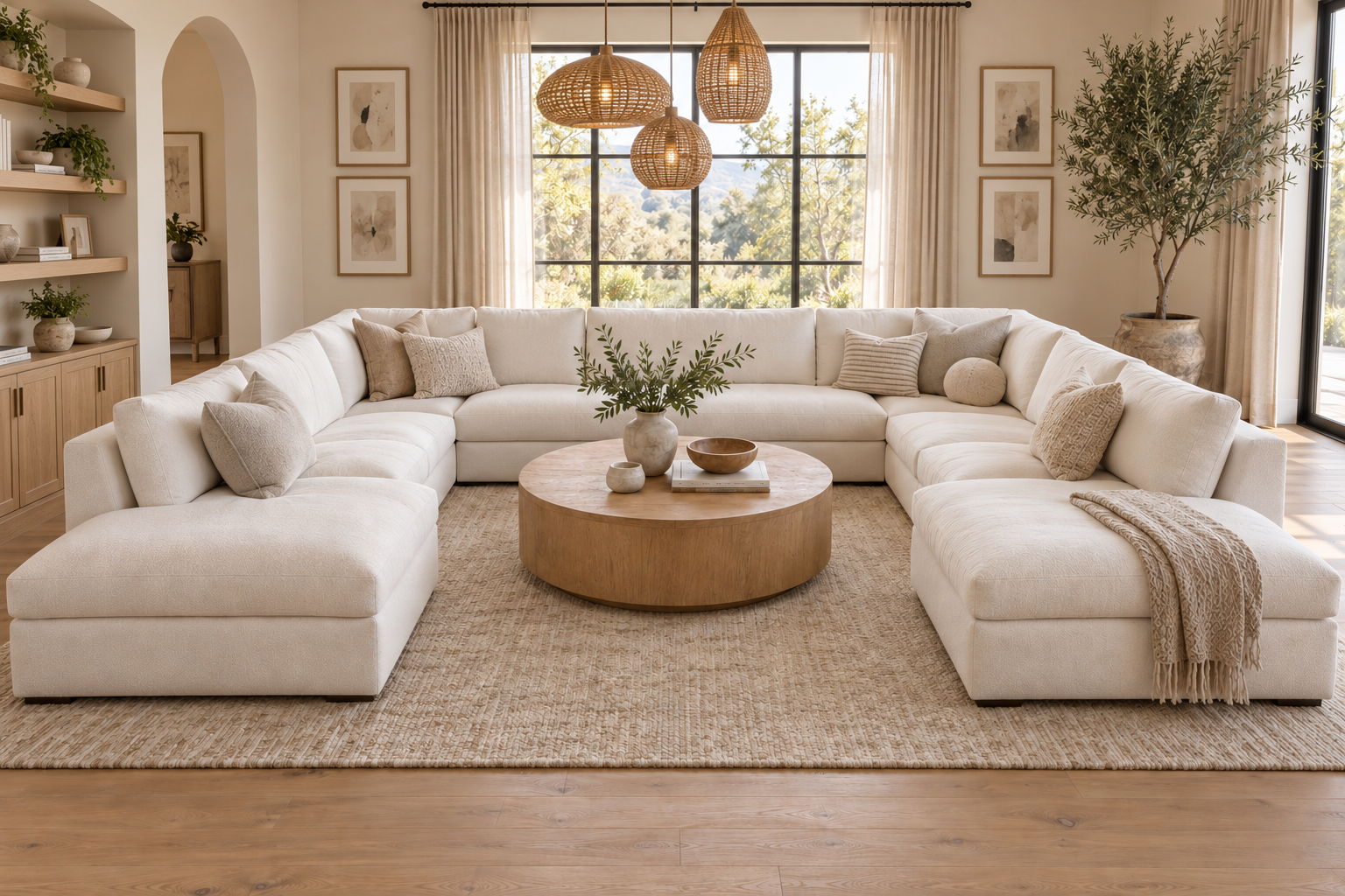 AI-generated rendering of a modern-organic living room with a white U-shaped sectional, round natural-oak coffee table, rattan pendant lights, and built-in oak shelves, styled by virtual interior designer Joshua Jones of JJones Design Co.
