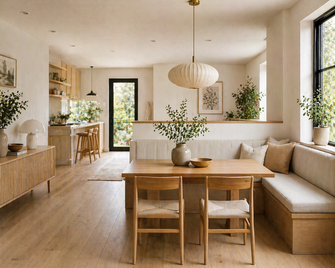 Scandinavian banquette seating with light wood table, straight dining chairs, and half wall in an open-concept kitchen dining space, AI-generated image