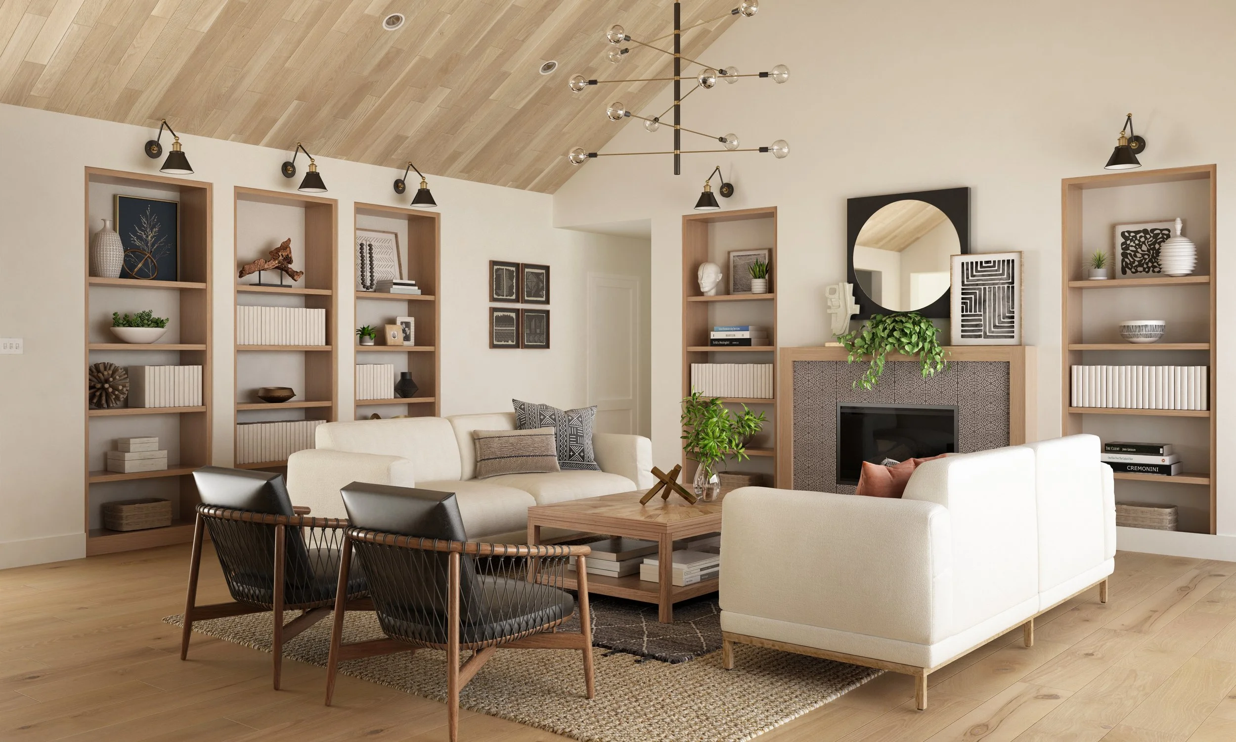 California Casual living room designed by virtual interior designer Joshua Jones of JJones Design Co., featuring a smaller patterned area rug layered over a large natural jute rug to create a balanced and designer-inspired living room.