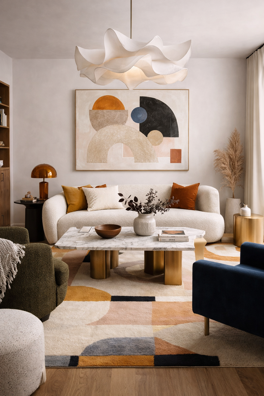AI-generated modern eclectic living room with sculptural pendant light, curved sofa, marble coffee table, colorful geometric rug, and abstract wall art