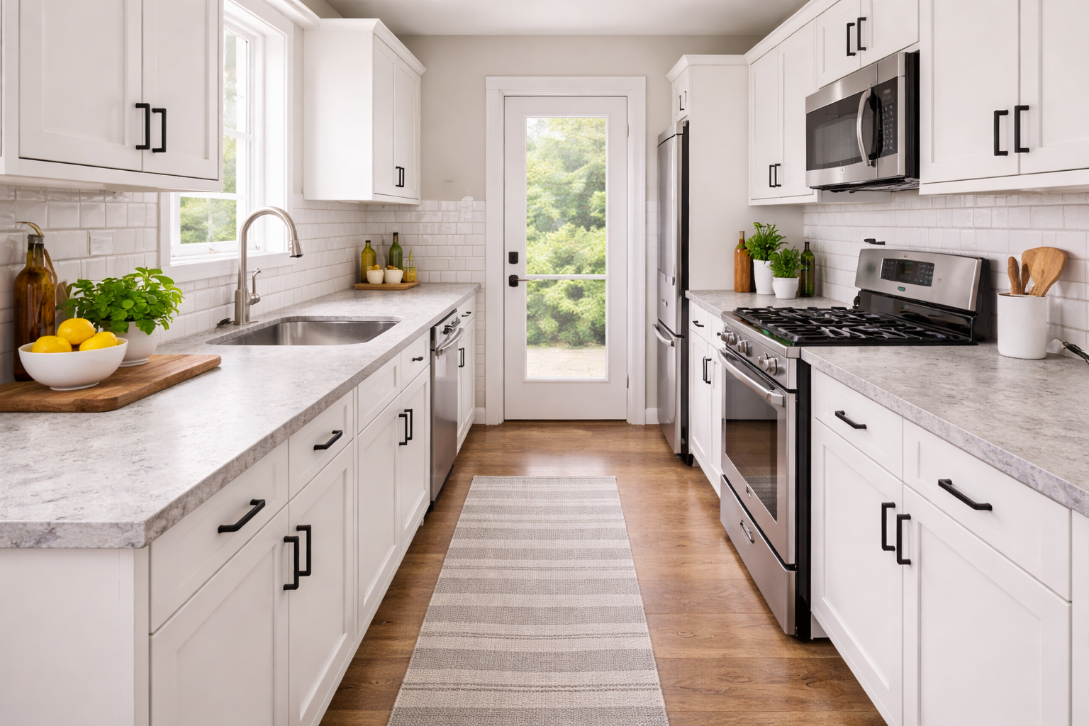 Bright galley kitchen with white shaker cabinets, light gray laminate countertops, white tile backsplash, stainless steel appliances, black hardware, and warm wood flooring. AI-generated image.