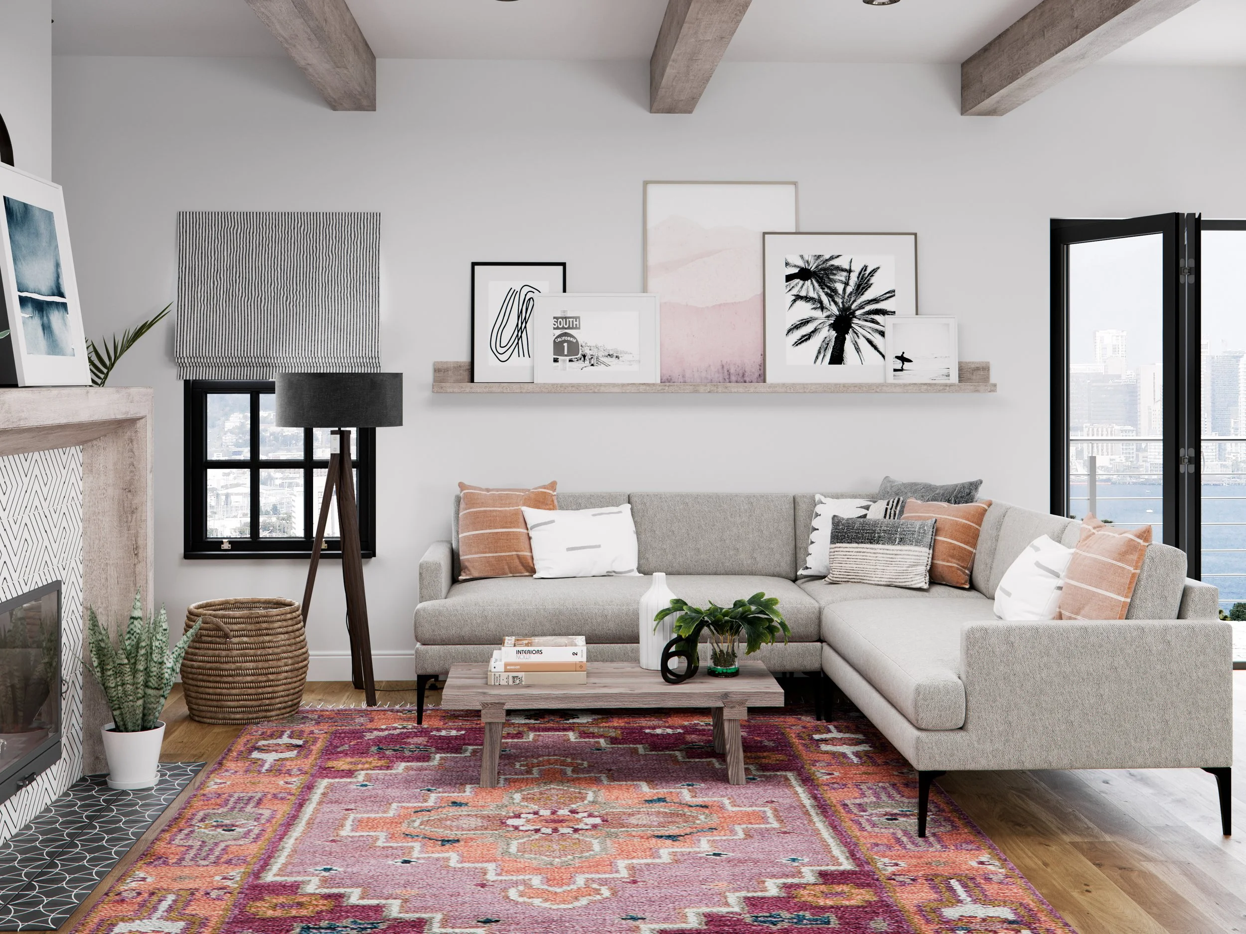 California casual-style living room with framed artwork layered on a picture ledge above the sofa to reduce the number of holes in the wall.