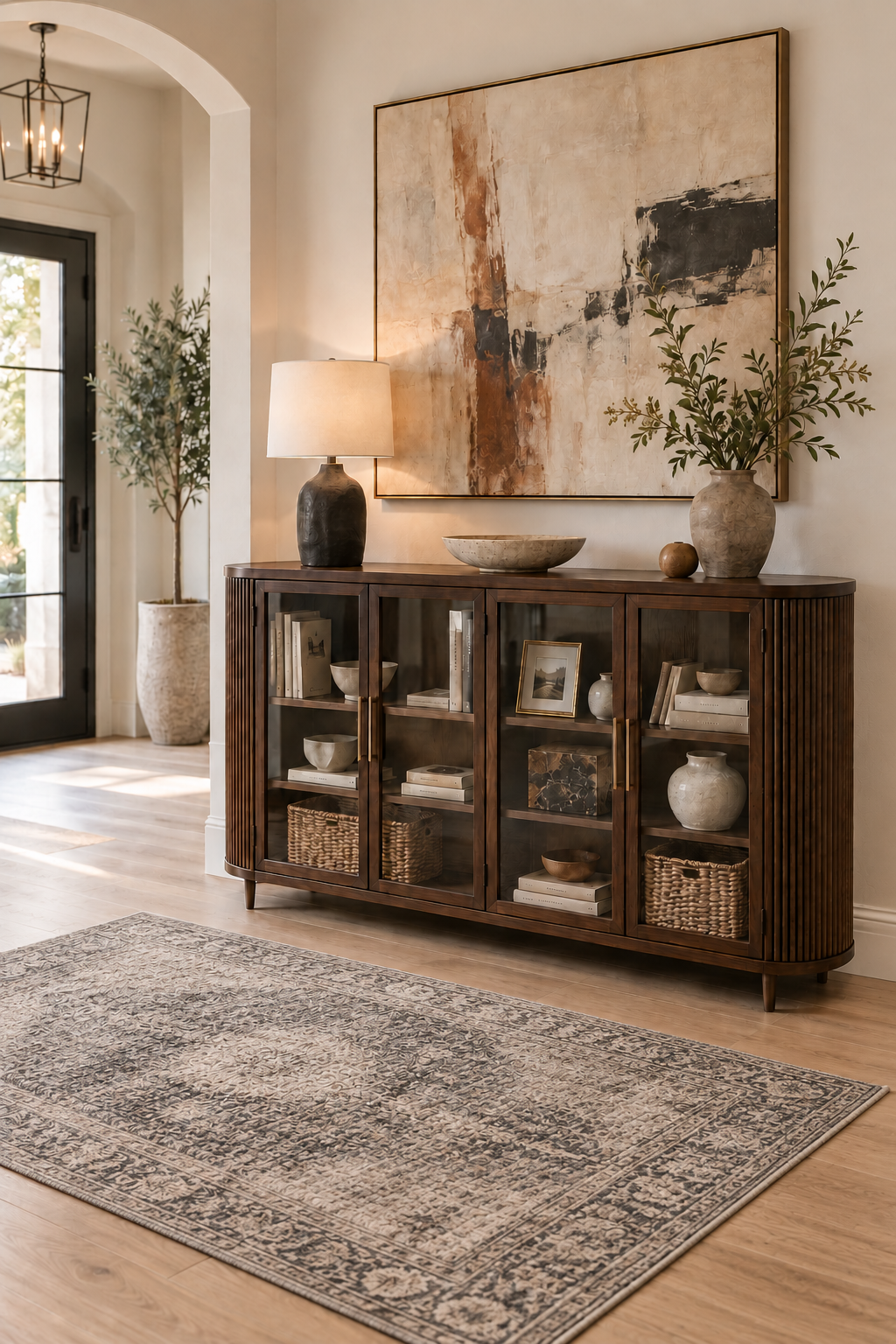Contemporary foyer with a curved walnut glass-front sideboard, styled interior shelves, abstract artwork, and a faded gray, charcoal, and ivory area rug.