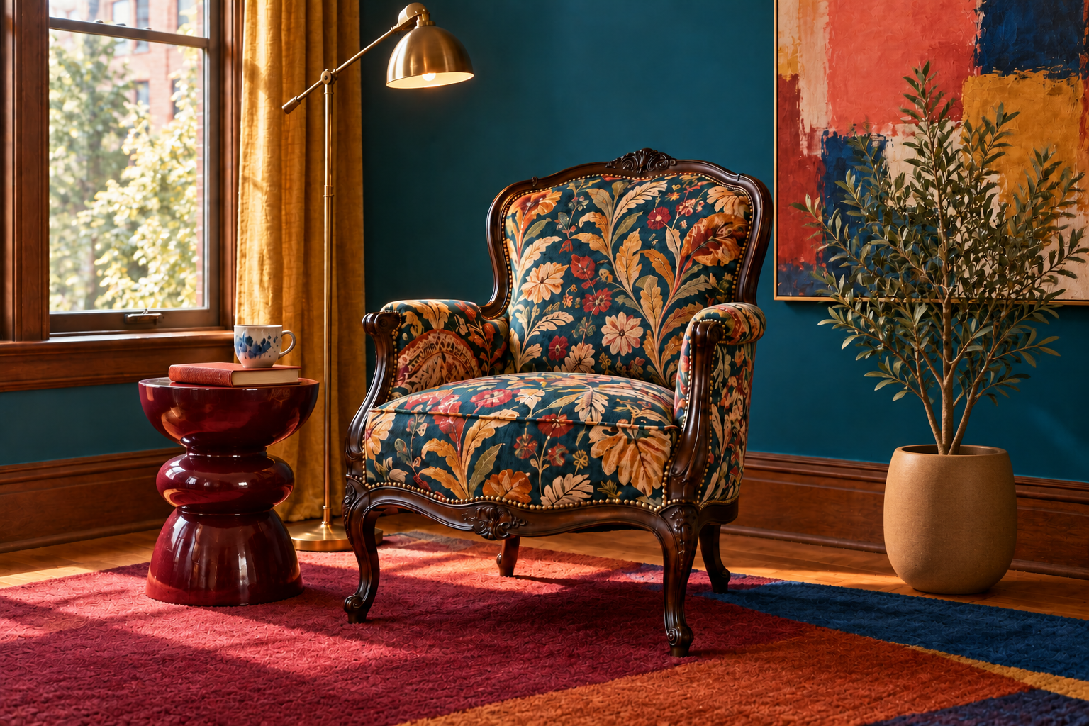 Vintage wood accent chair with bold botanical upholstery in a colorful reading nook with peacock-blue walls, abstract art, and a potted olive tree.