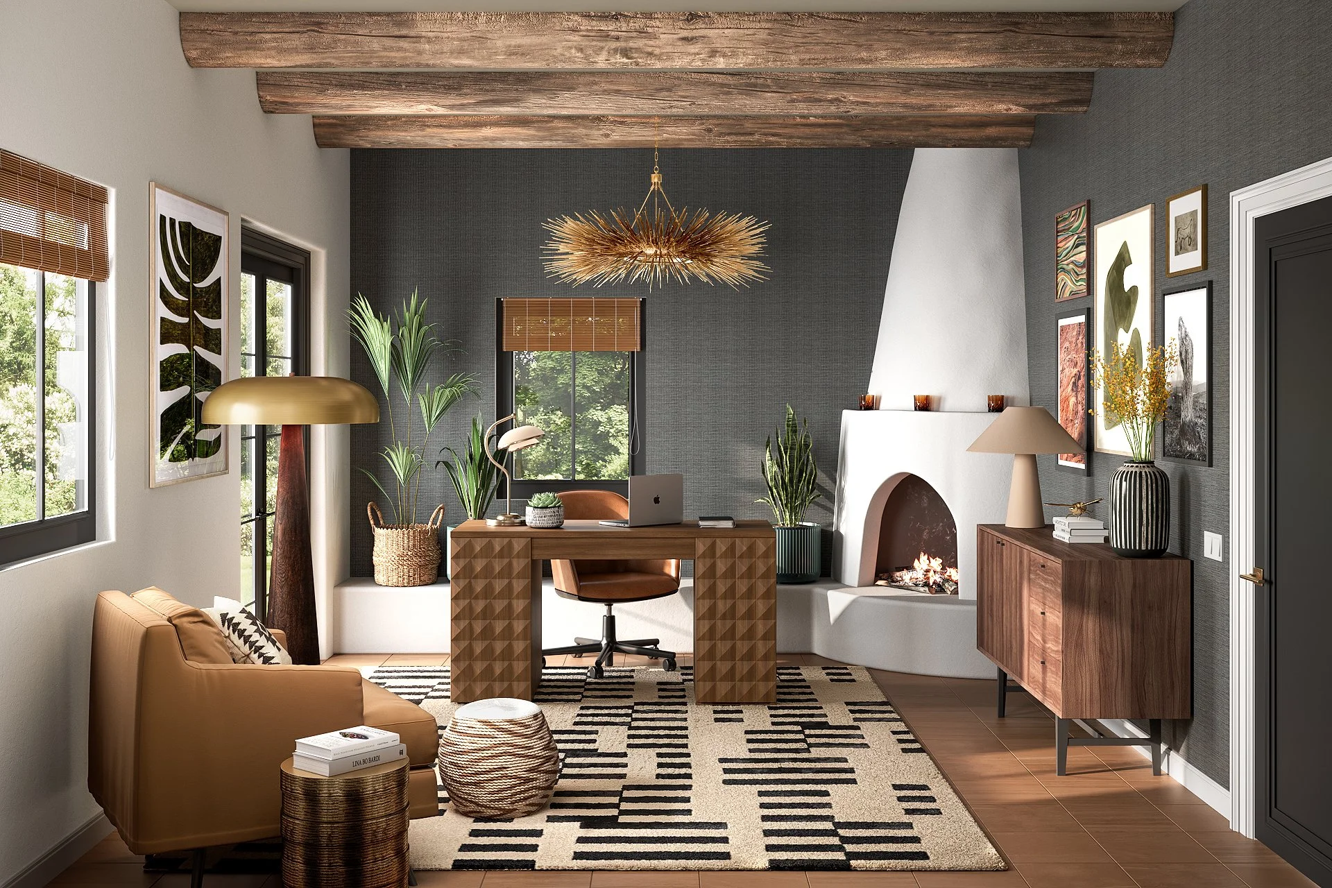 Eclectic Southwest home office designed by virtual interior designer Joshua Jones of JJones Design Co., featuring a carved wood desk, black and cream patterned rug, leather chair, wood ceiling beams, and adobe-style fireplace.