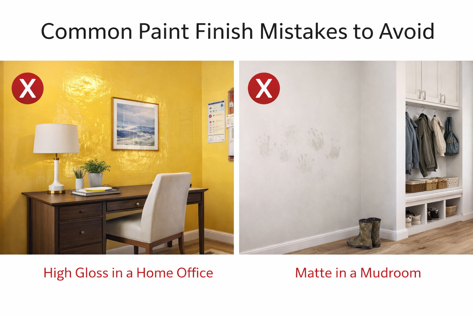 AI-generated illustration showing paint finish mistakes: high-gloss paint on a home office wall and matte paint in a mudroom with visible stains.