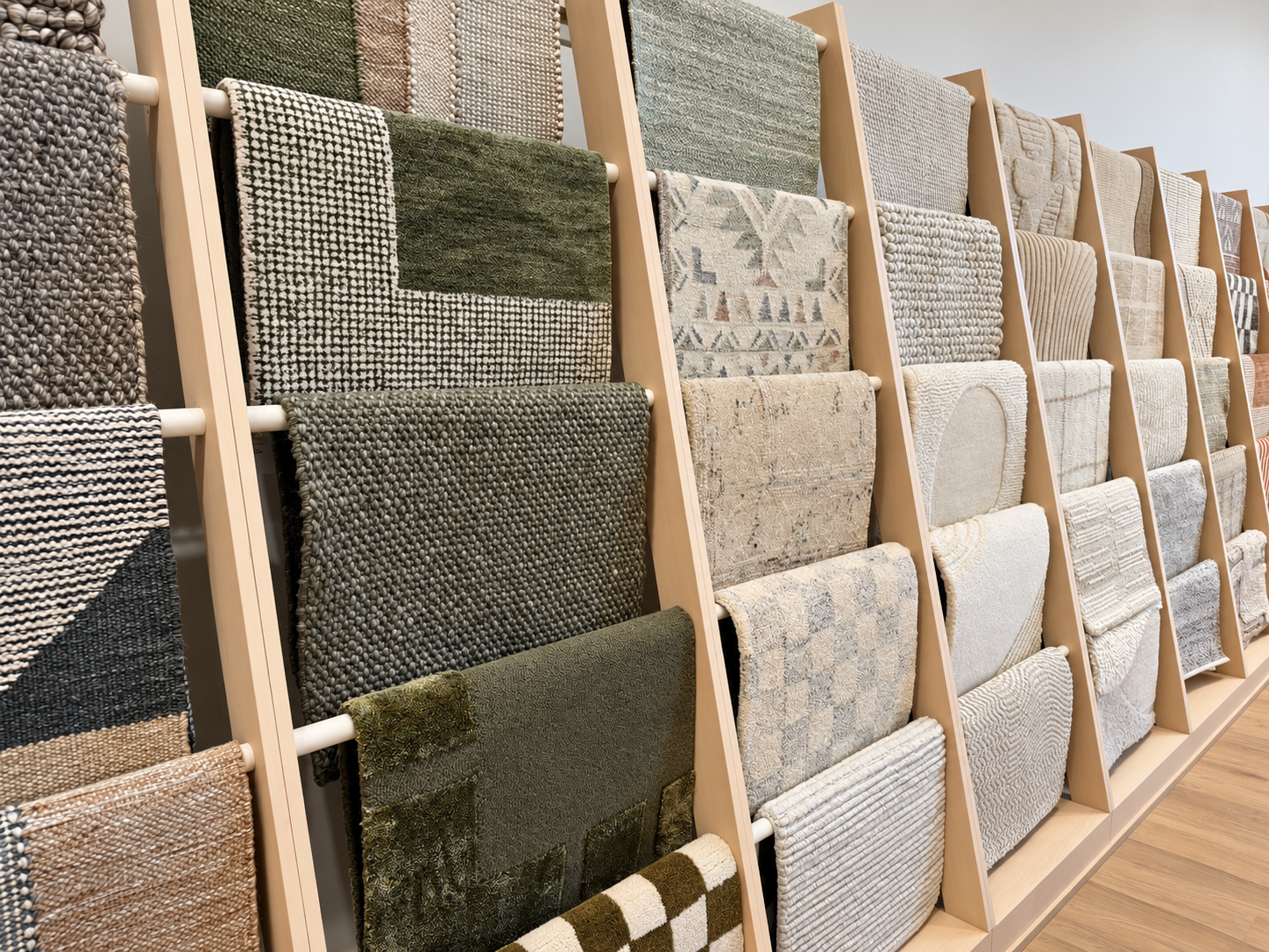Rug samples in olive green, gray, beige, and ivory hanging on wooden display racks, showing varied woven textures and geometric patterns.
