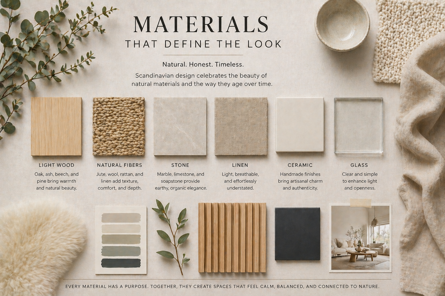 AI-generated Scandinavian materials mood board showing natural wood, woven fibers, stone, linen fabric, ceramic pieces, and neutral textures arranged in a clean, minimalist layout.