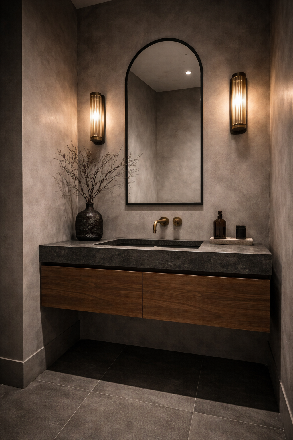 AI-generated modern industrial powder room with walnut floating vanity, dark stone countertop, wall-mounted brass faucet, arched mirror, and vertical brass sconces against textured taupe walls