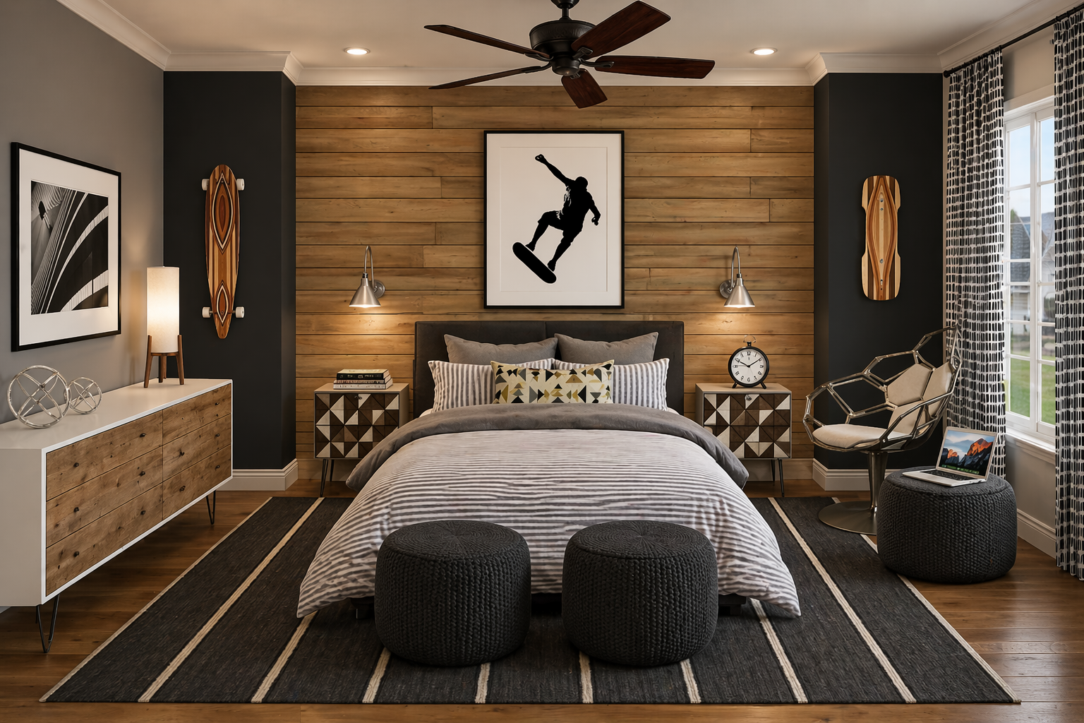 AI-generated 3D visualization of a modern teen boy bedroom designed by virtual interior designer Joshua Jones of JJones Design Co. with wood accent wall, neutral bedding, nightstands, dresser, and seating area.