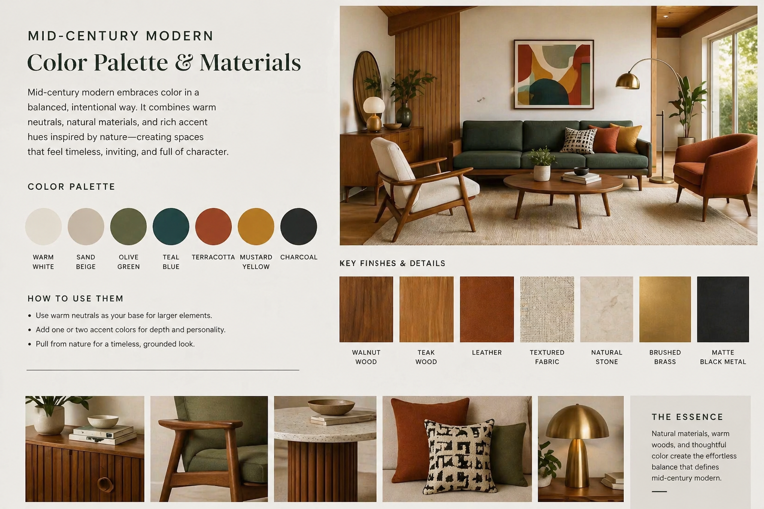 AI-generated mid-century modern mood board showing color palette and materials including warm neutrals, olive green, teal, terracotta, mustard, walnut wood, leather, stone, and brass finishes.