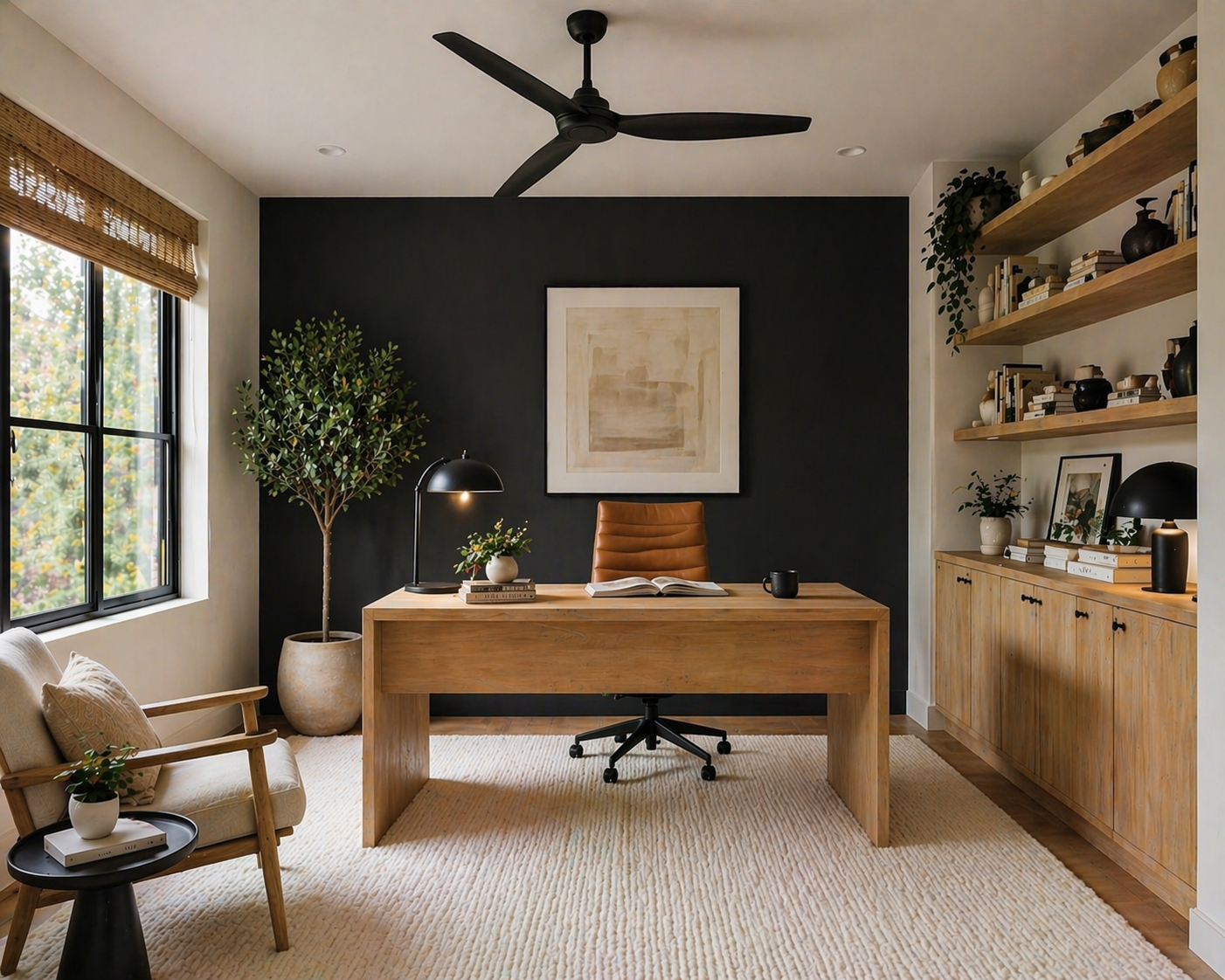Scandinavian home office with sloped ceiling, black three-blade ceiling fan, wood desk, Satin Black accent wall, and textured ivory rug (AI-generated image)