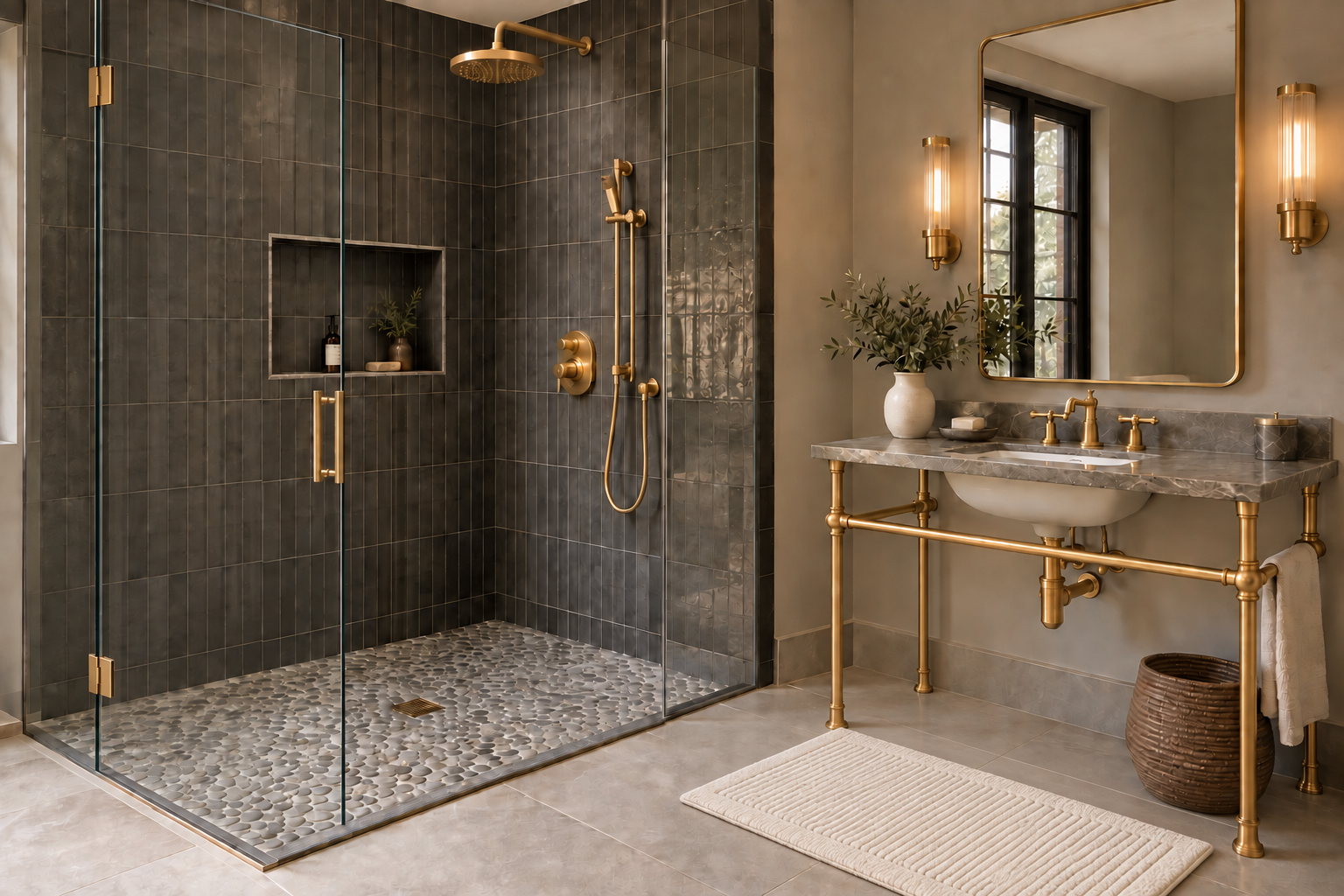 AI-generated bathroom concept styled by Joshua, featuring charcoal vertical shower tiles, gray grout, a recessed niche, gray river rock flooring, and a brass-legged sink.