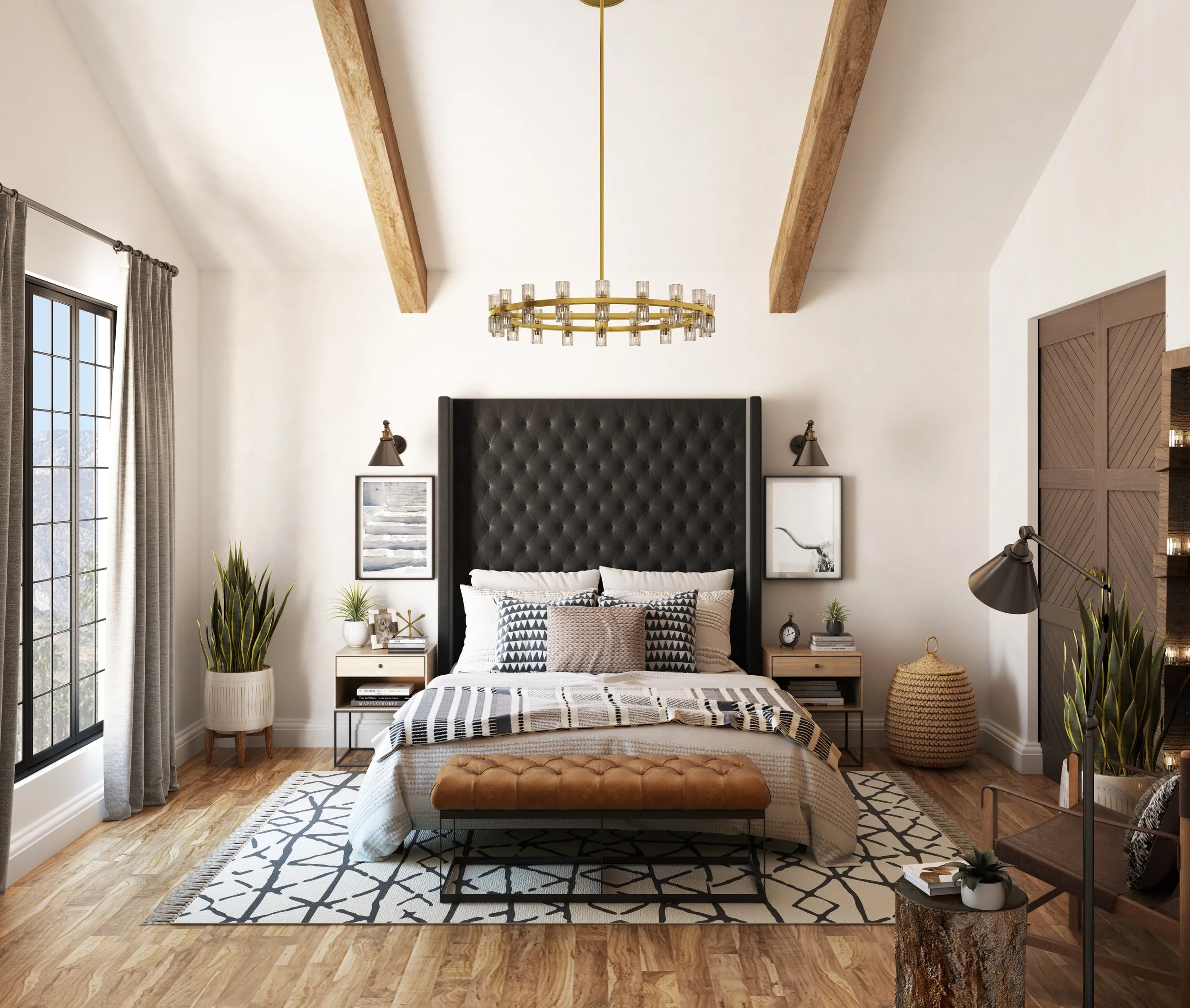 Desert rustic style primary bedroom designed by virtual interior designer Joshua Jones of JJones Design Co. featuring a black upholstered bed, mixed wood nightstands, exposed wood beams, and coordinated furniture that doesn't match exactly.