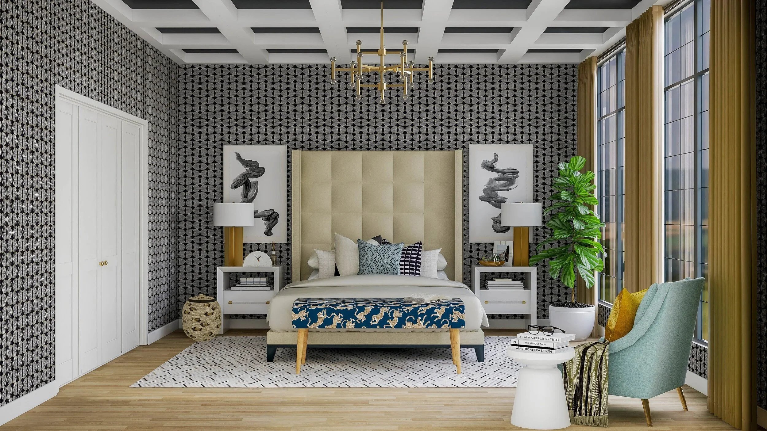 modern eclectic primary bedroom with high ceiling, patterned wallpaper, upholstered bed, coffered ceiling, and large windows, designed by Joshua Jones