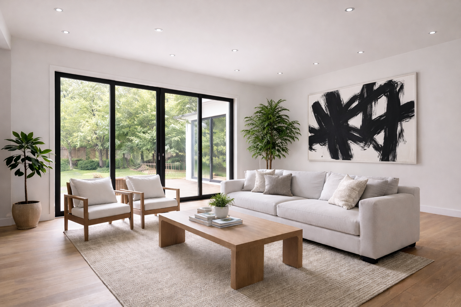 Modern new build living room with neutral furnishings, recessed ceiling lighting, large black-and-white abstract artwork above the sofa, and floor-to-ceiling glass doors opening to a backyard.