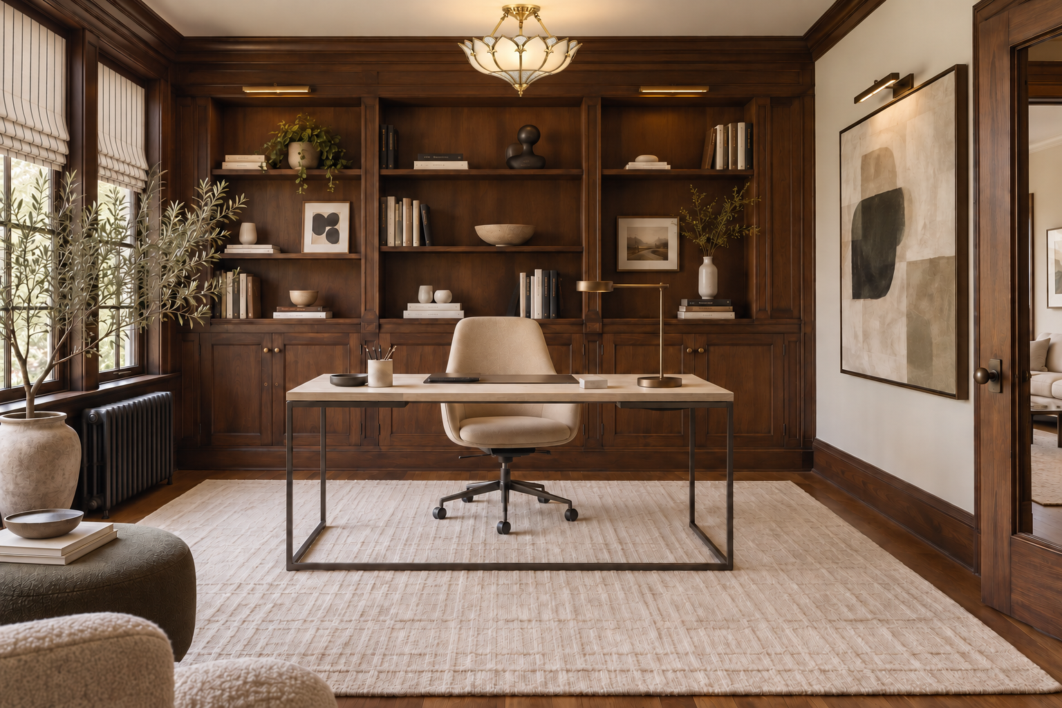 Modern home office with dark walnut built-in bookcases, a pale desk, ivory chair, charcoal-striped Roman shades, and a brass lotus ceiling light.