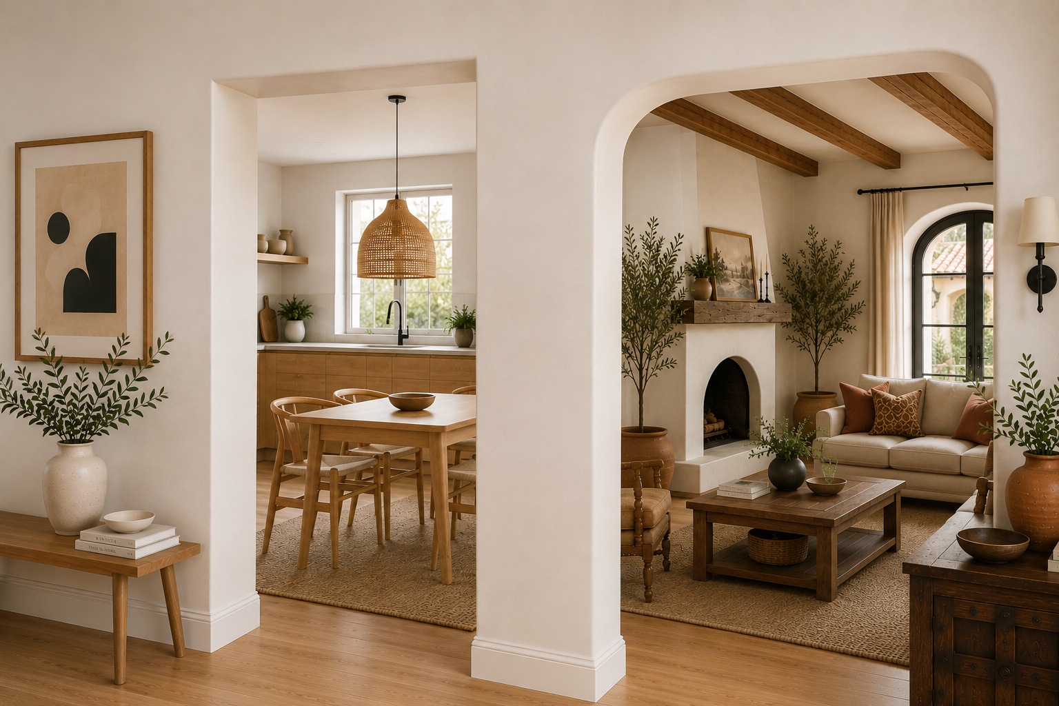 AI-generated interior showing a Scandinavian-style dining area with square drywall corners beside a Mediterranean-style living room with subtle rounded drywall corners and arched architectural details.