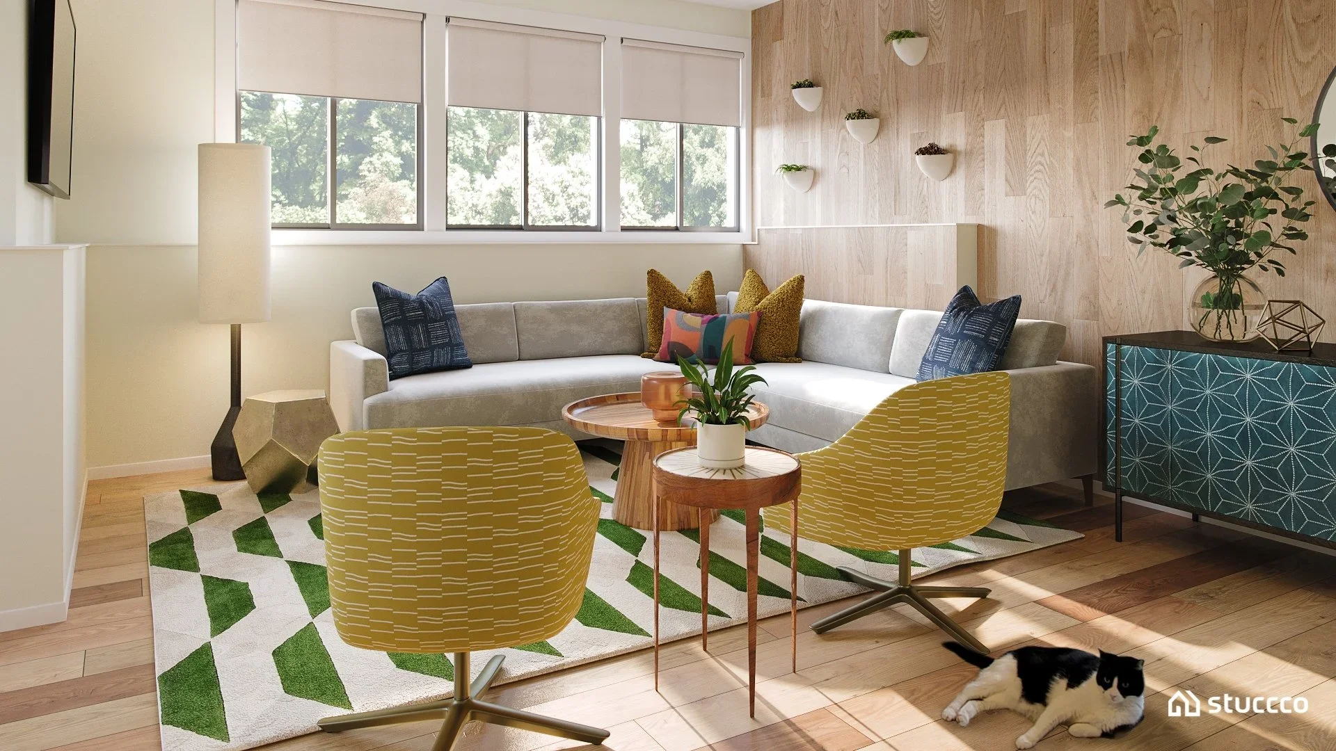 Mid-century modern basement family room with a sectional sofa, patterned chairs, wood accent wall, geometric rug, and layered decor, designed by virtual interior designer Joshua Jones with 3D rendering by Stuccco.