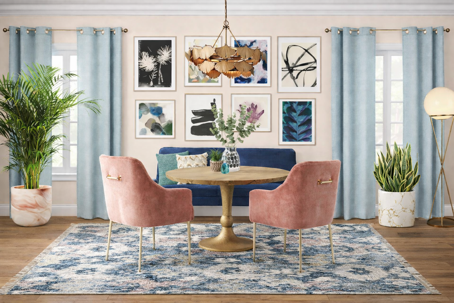 Photorealistic AI rendering of an eclectic dining nook designed by Joshua Jones featuring engineered wood flooring, blush velvet chairs, blue banquette seating, brass pedestal table, and gallery wall artwork