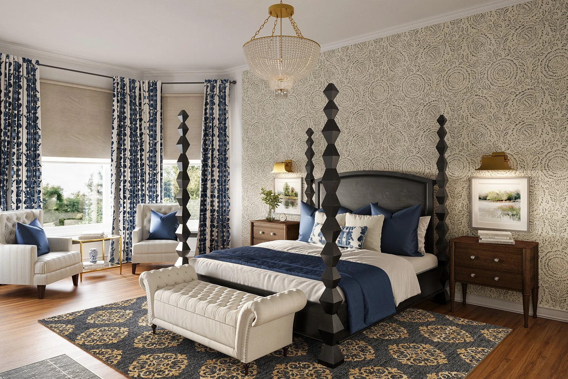 3D rendering of a modern Victorian primary bedroom with four-poster bed, blue accents, patterned wallpaper, and traditional furniture