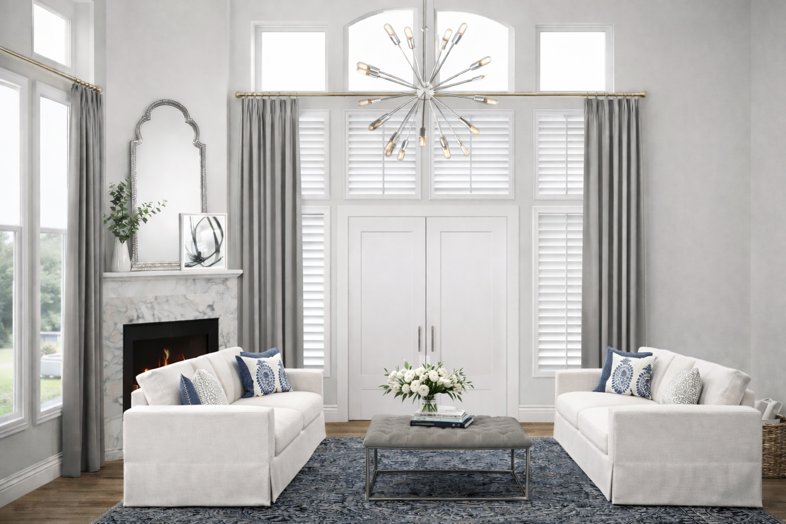 AI-generated 3D living room with gray pleated curtains on a brass rod with rings, two white sofas facing each other, sputnik chandelier, marble fireplace, and tufted ottoman with glass vase of flowers.