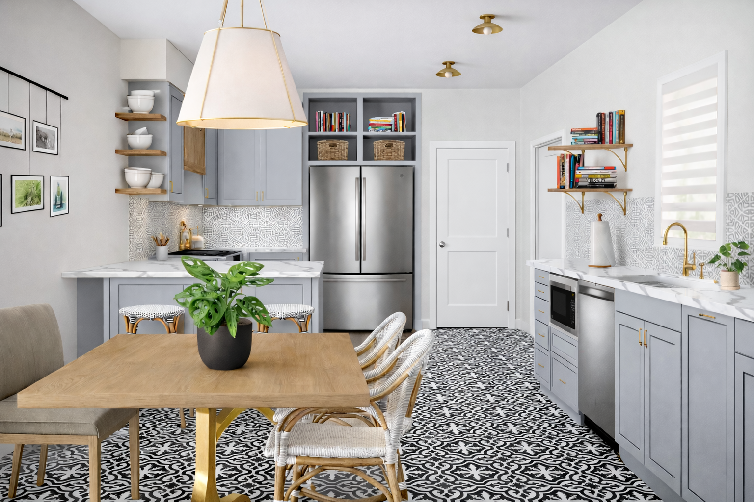 Photorealistic AI rendering of a modern coastal kitchen designed by Joshua Jones featuring patterned luxury vinyl plank flooring, light gray cabinetry, brass fixtures, marble countertops, and a dining nook with woven chairs