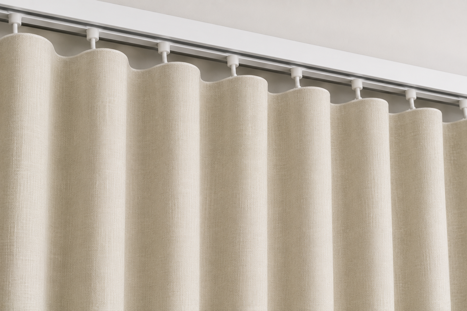 Close-up AI rendering of a cream ripple fold drapery header suspended from a white ceiling-mounted track system, showing smooth, continuous waves created by evenly spaced carriers and drapery tape.