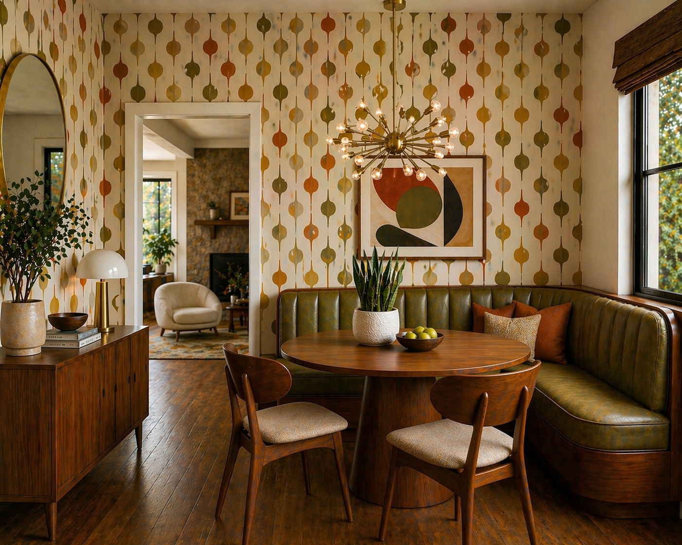 Mid-century modern banquette with retro patterned wallpaper, wood dining table, sputnik chandelier, and snake plant centerpiece in a cozy dining nook, AI-generated image